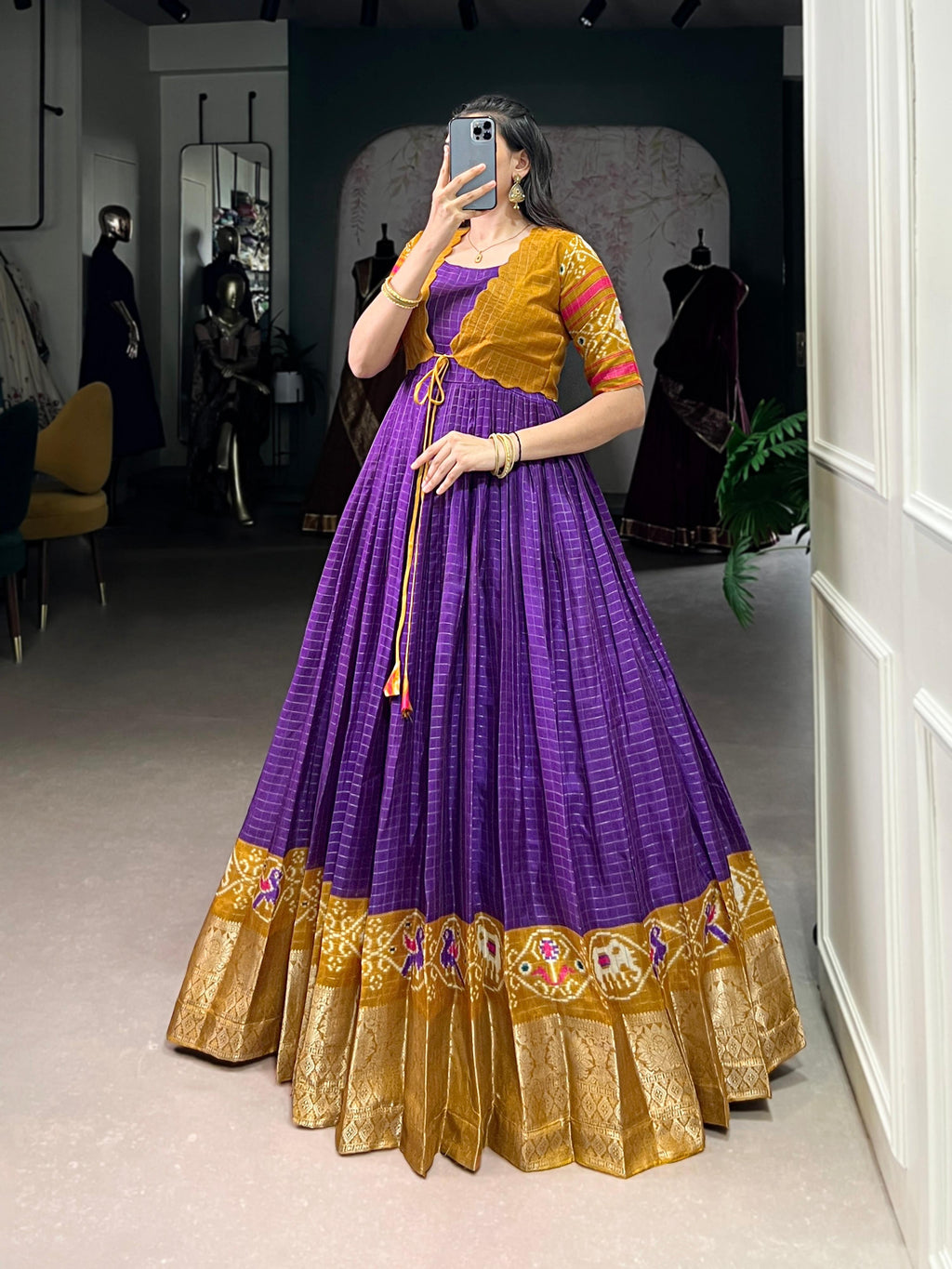 Lorenvalley Fashion Purple Tussar Chex Patola Print With Weaving Work Border Gown with Koti