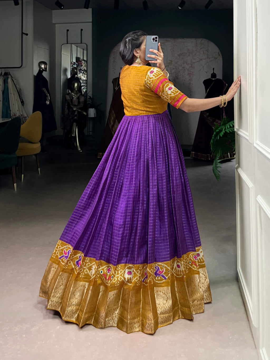 Lorenvalley Fashion Purple Tussar Chex Patola Print With Weaving Work Border Gown with Koti