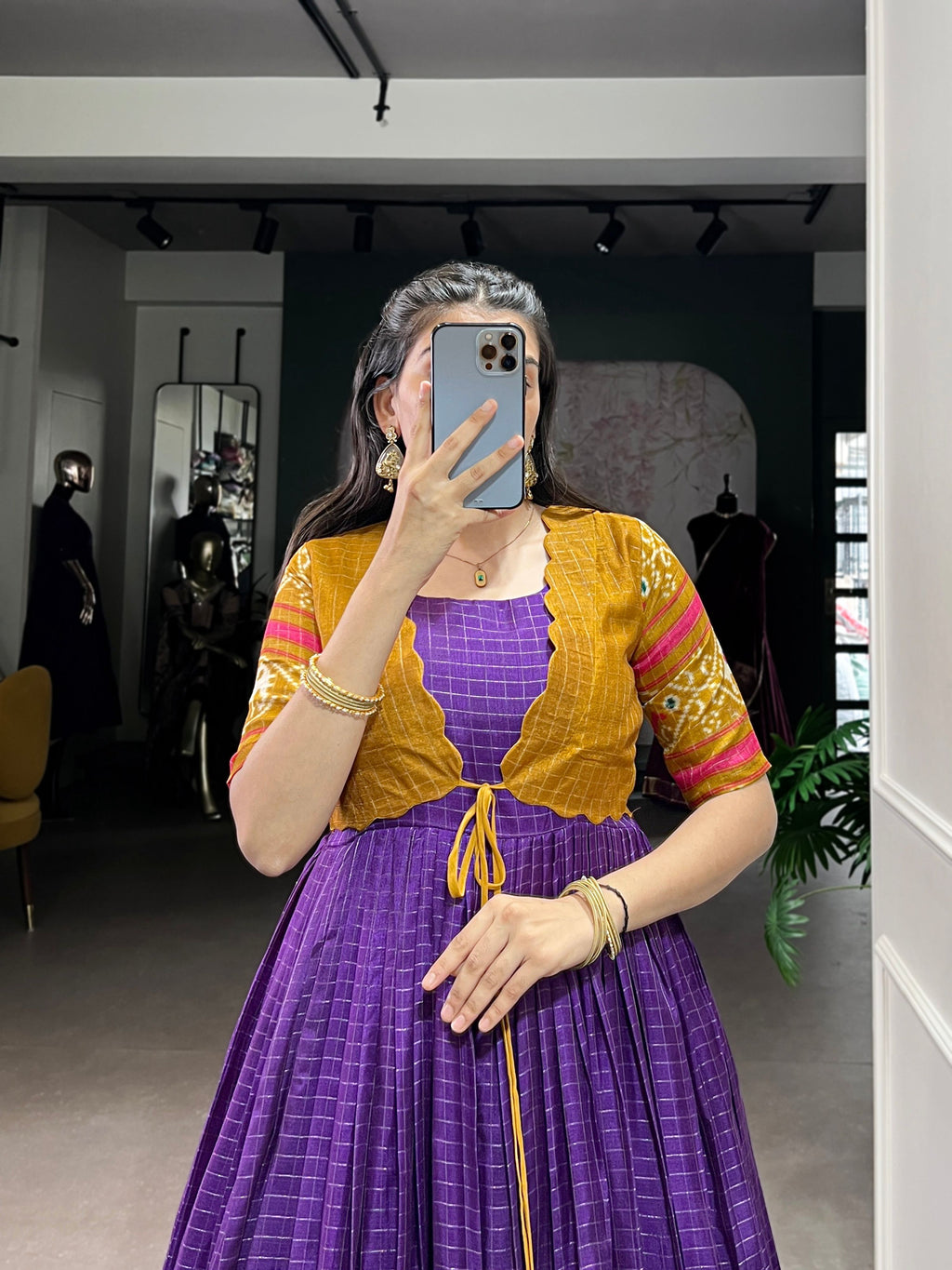 Lorenvalley Fashion Purple Tussar Chex Patola Print With Weaving Work Border Gown with Koti