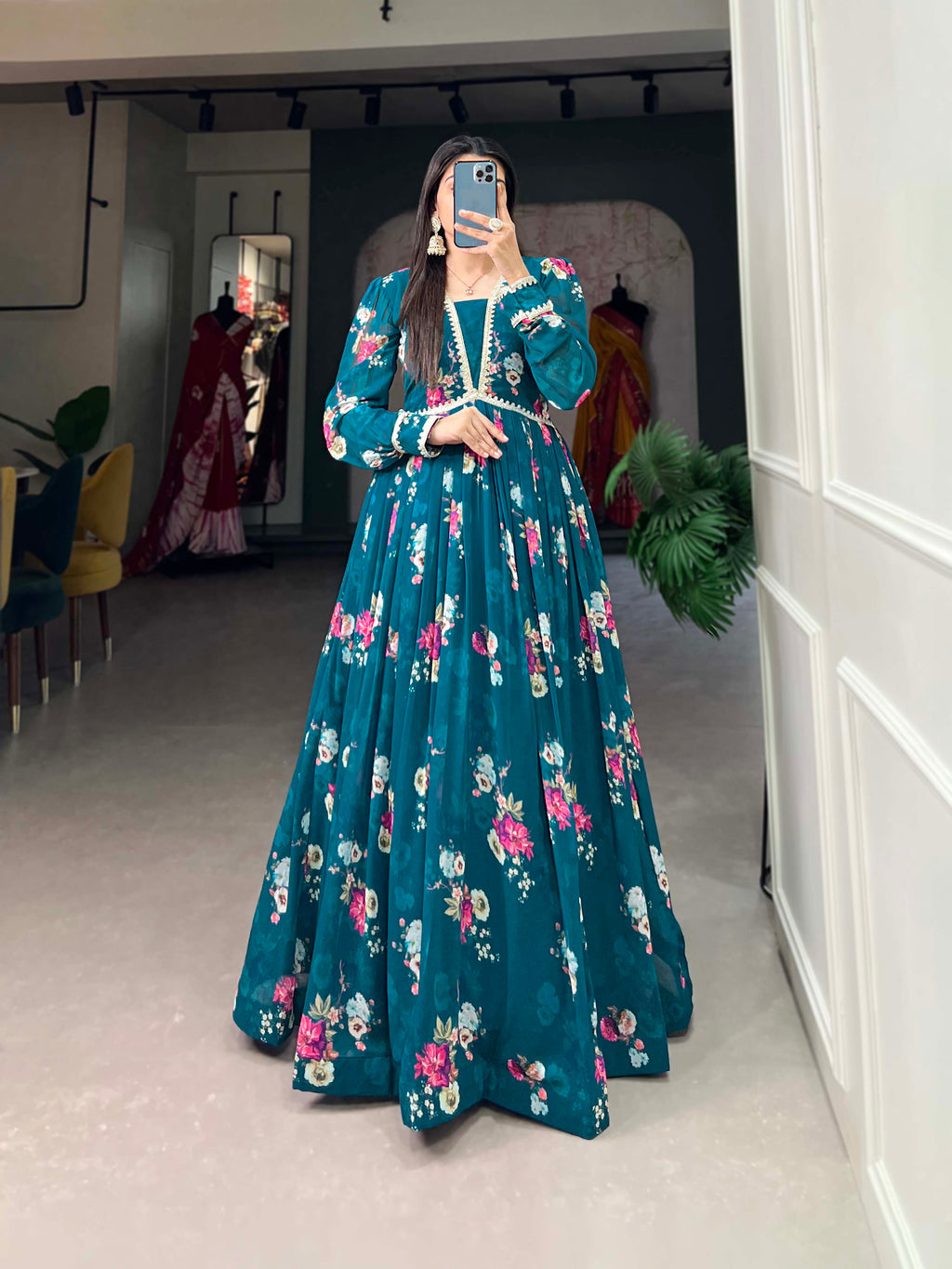 Lorenvalley Teal Georgette Floral print with Lace Border Gown
