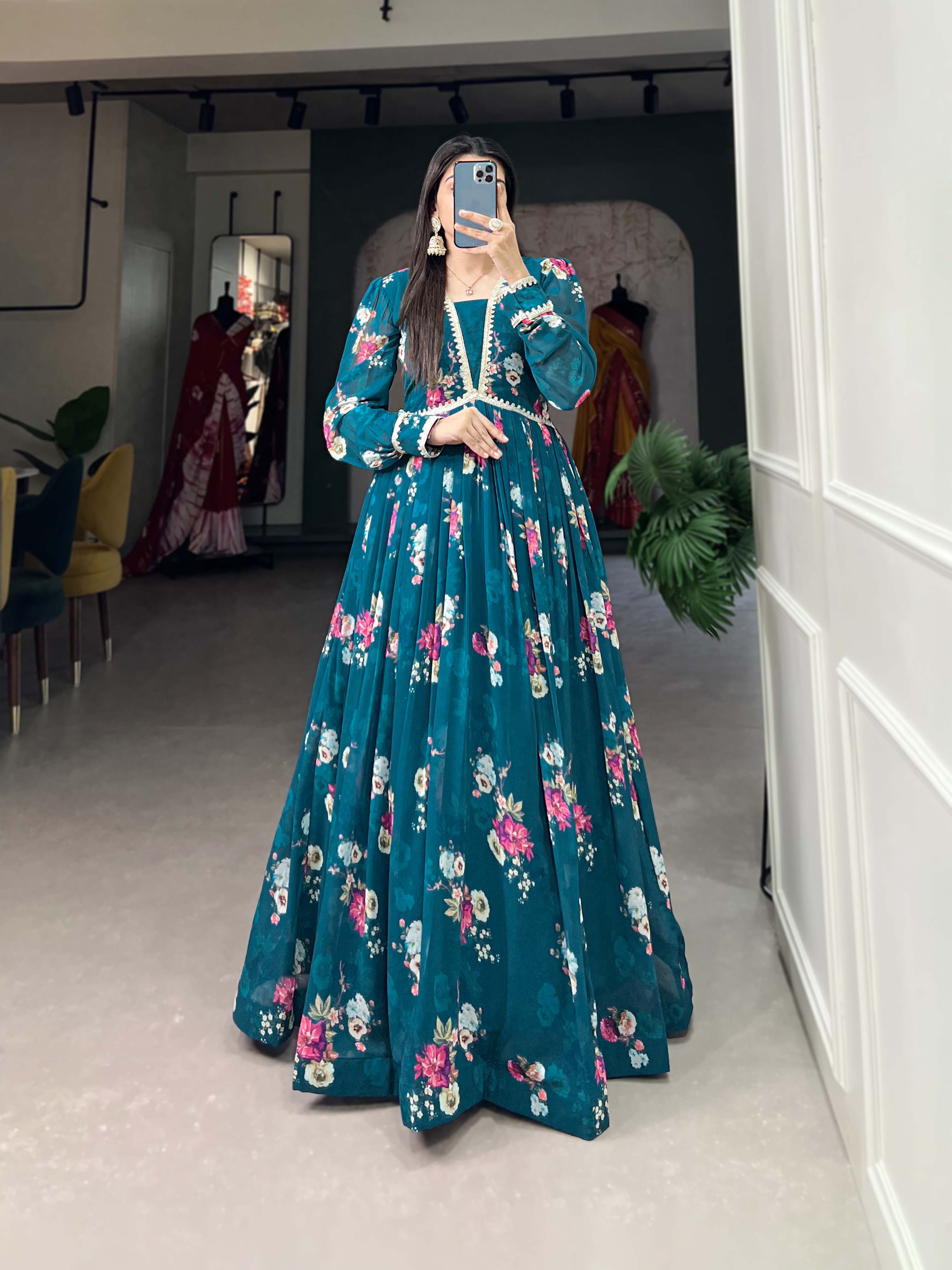 Lorenvalley Teal Georgette Floral print with Lace Border Gown