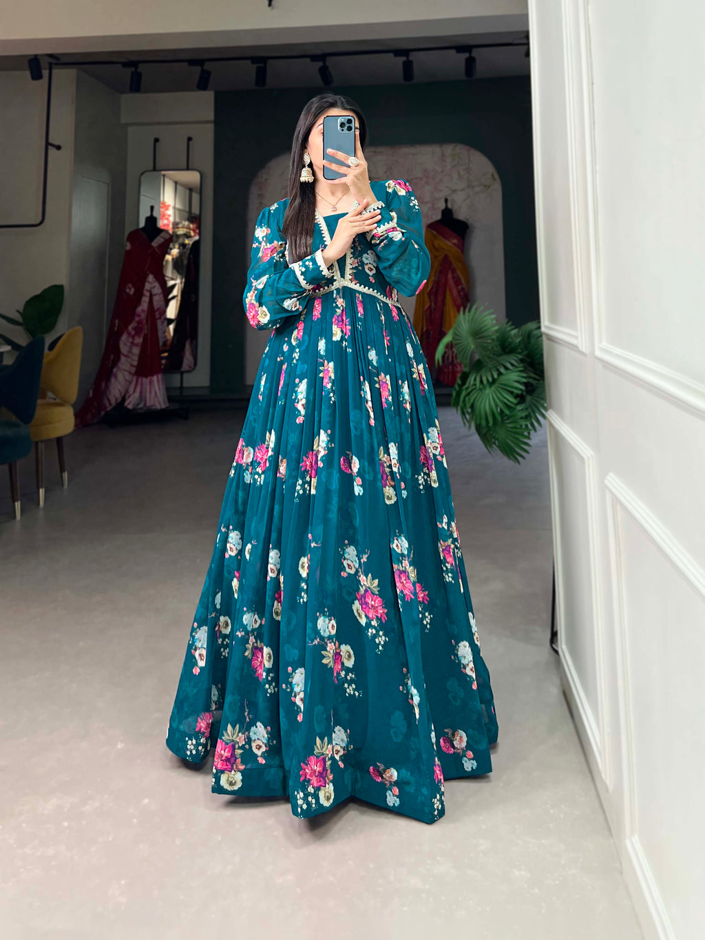 Lorenvalley Teal Georgette Floral print with Lace Border Gown
