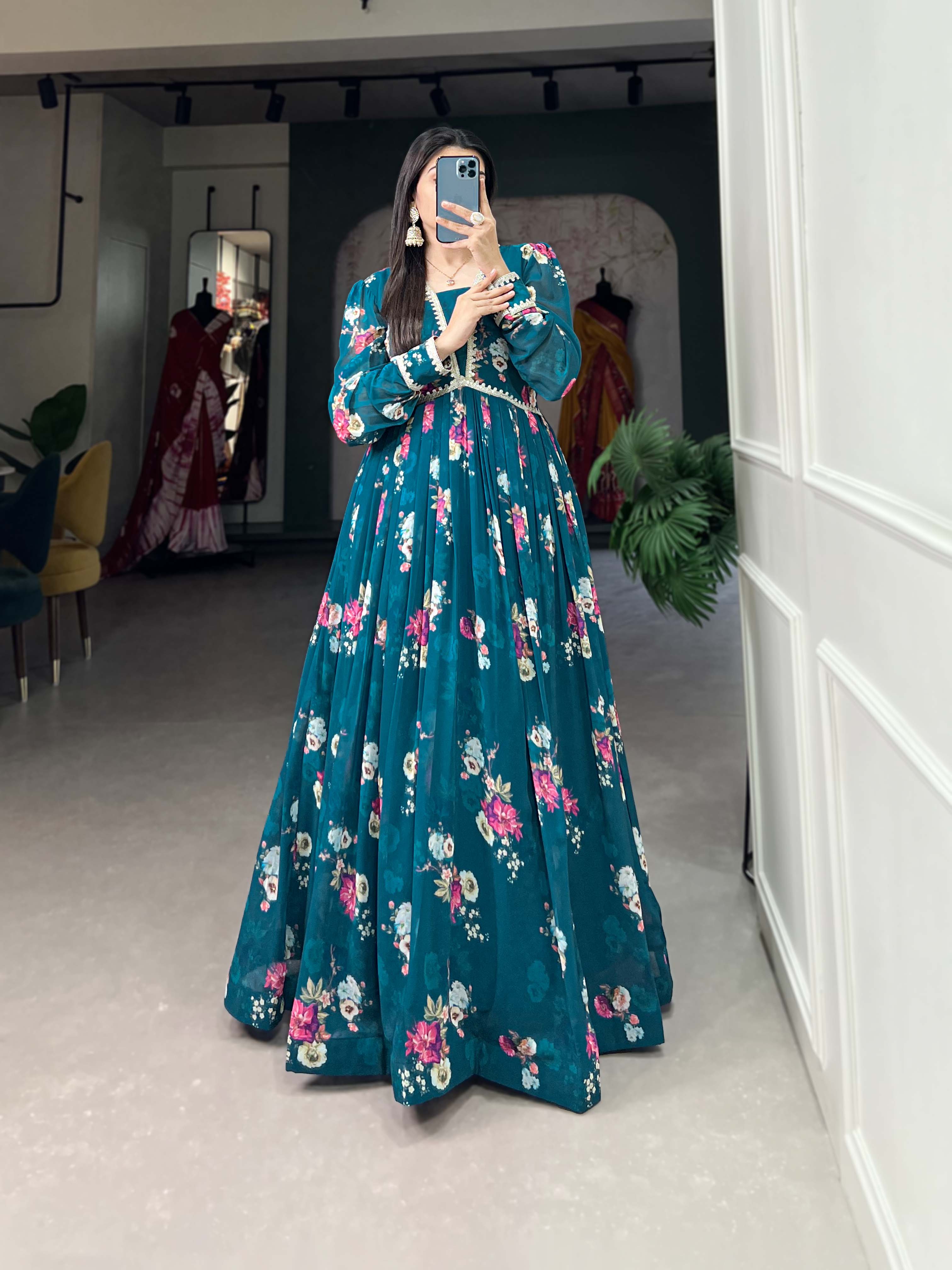 Lorenvalley Teal Georgette Floral print with Lace Border Gown