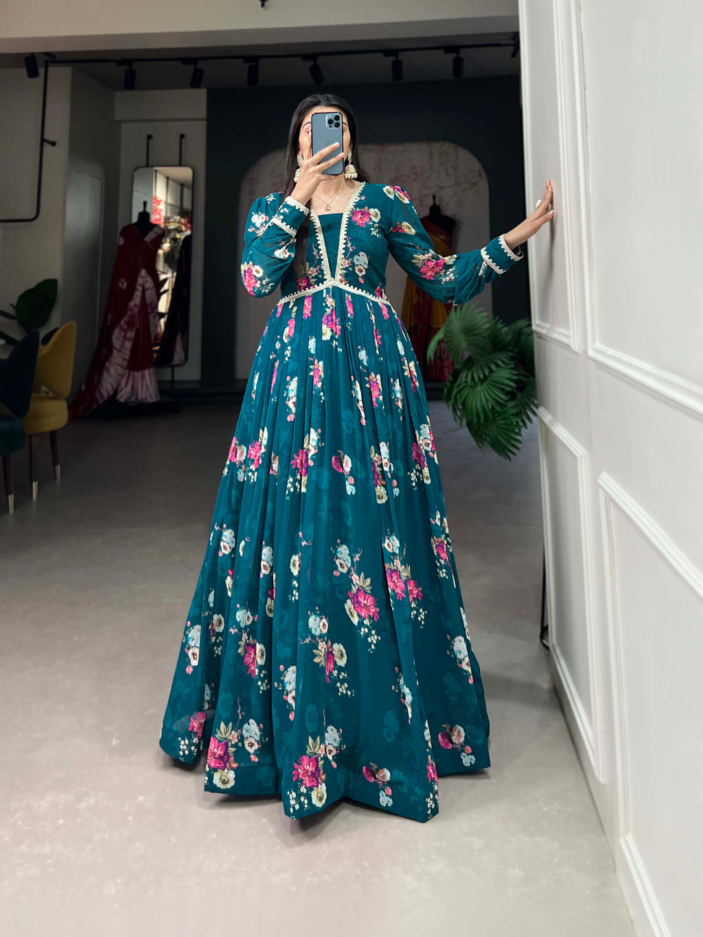 Lorenvalley Teal Georgette Floral print with Lace Border Gown