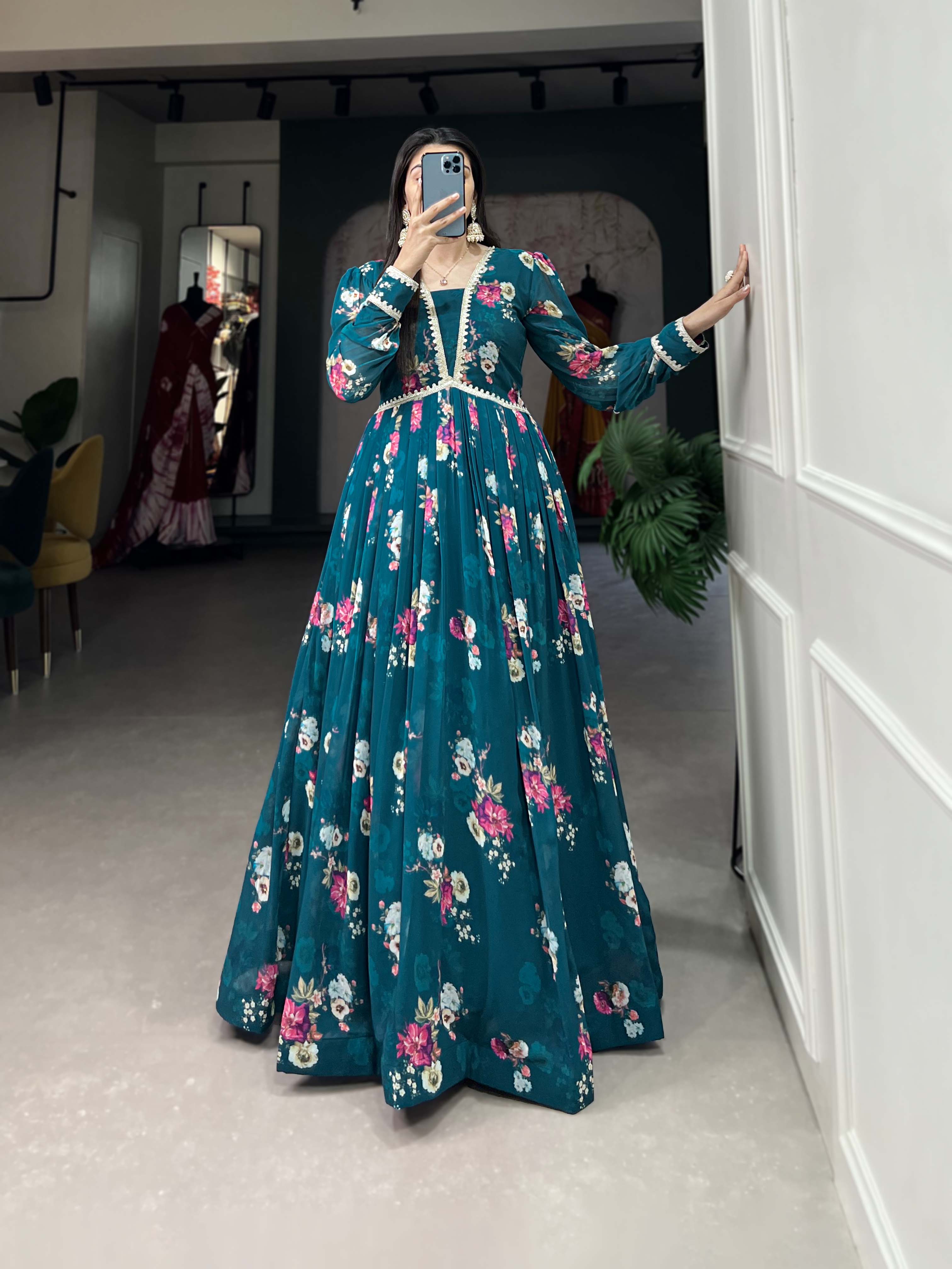 Lorenvalley Teal Georgette Floral print with Lace Border Gown