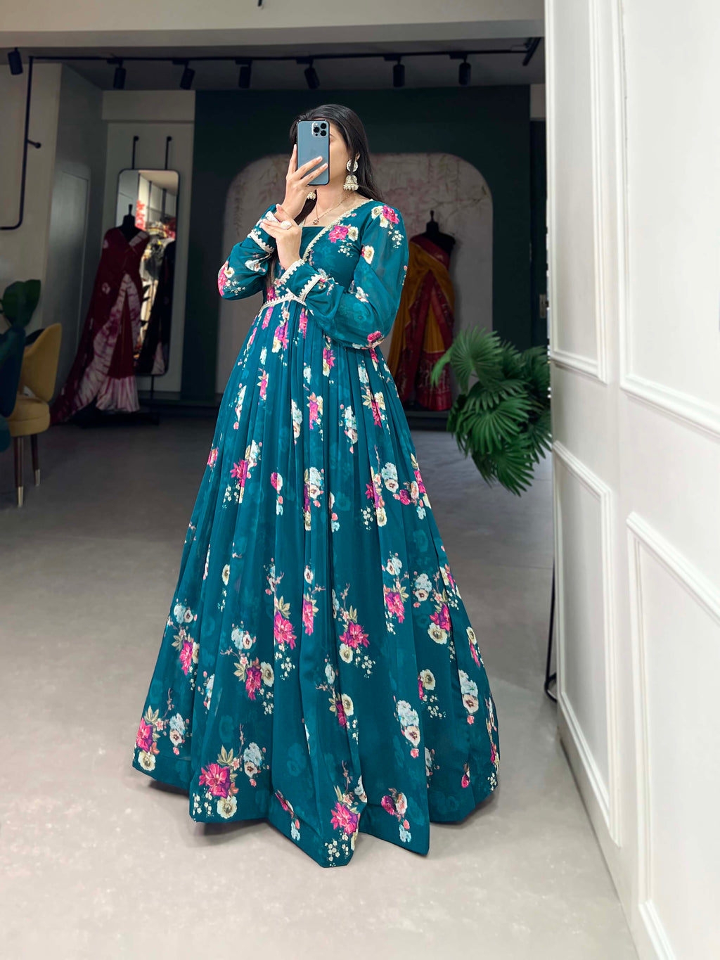 Lorenvalley Teal Georgette Floral print with Lace Border Gown