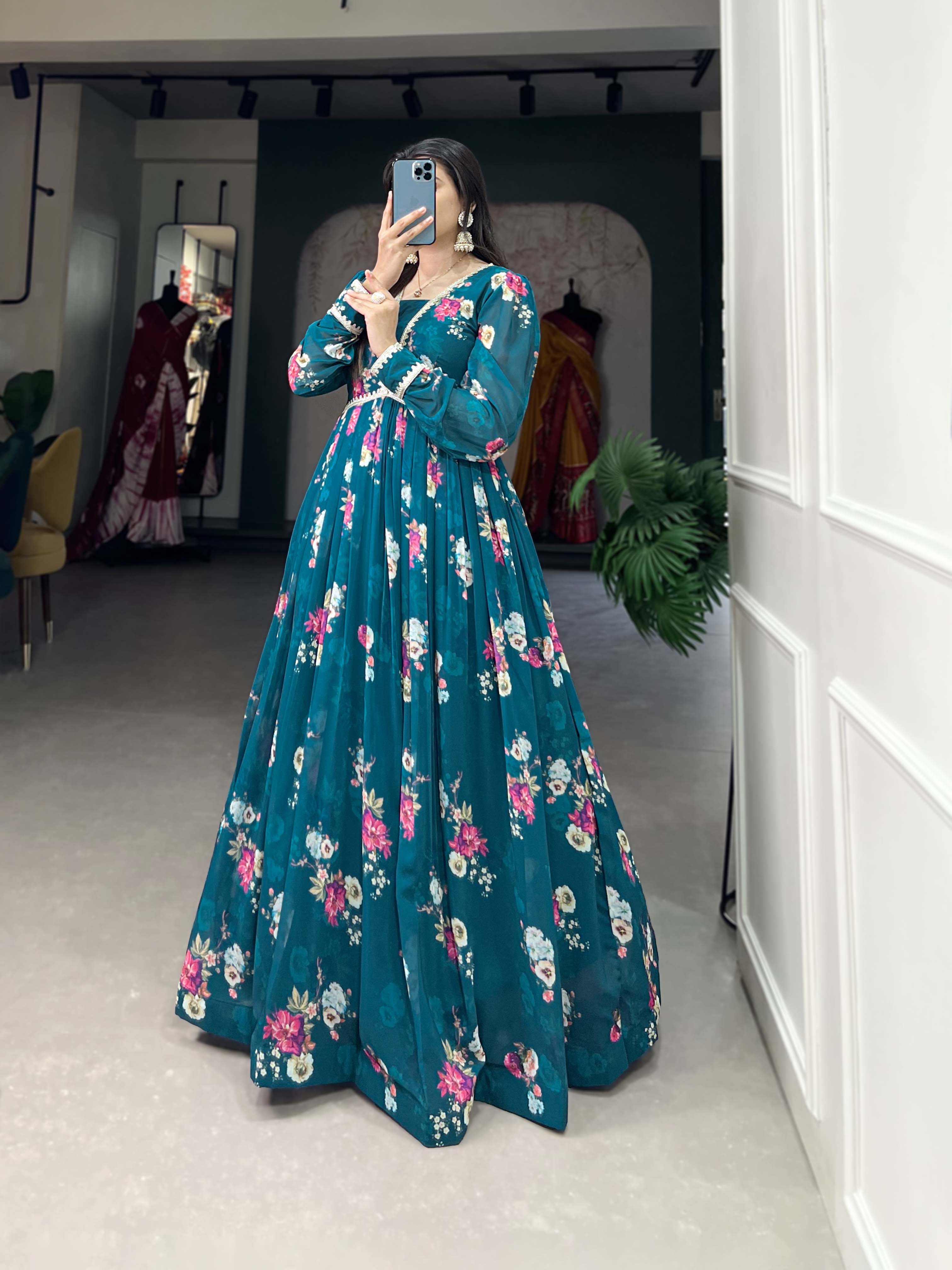 Lorenvalley Teal Georgette Floral print with Lace Border Gown