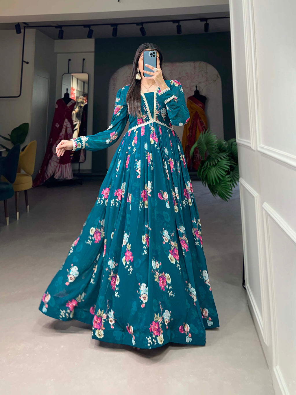 Lorenvalley Teal Georgette Floral print with Lace Border Gown