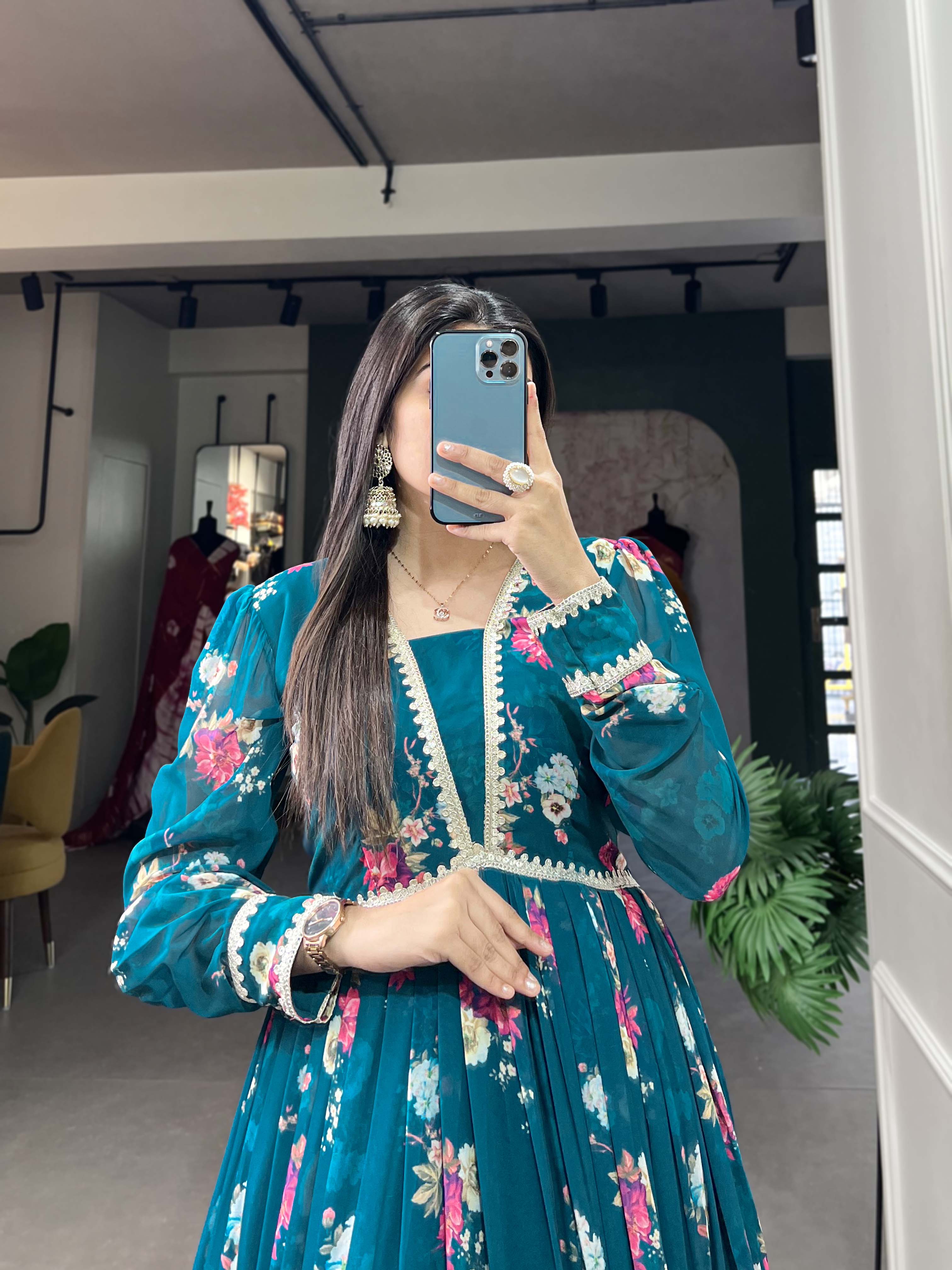 Lorenvalley Teal Georgette Floral print with Lace Border Gown