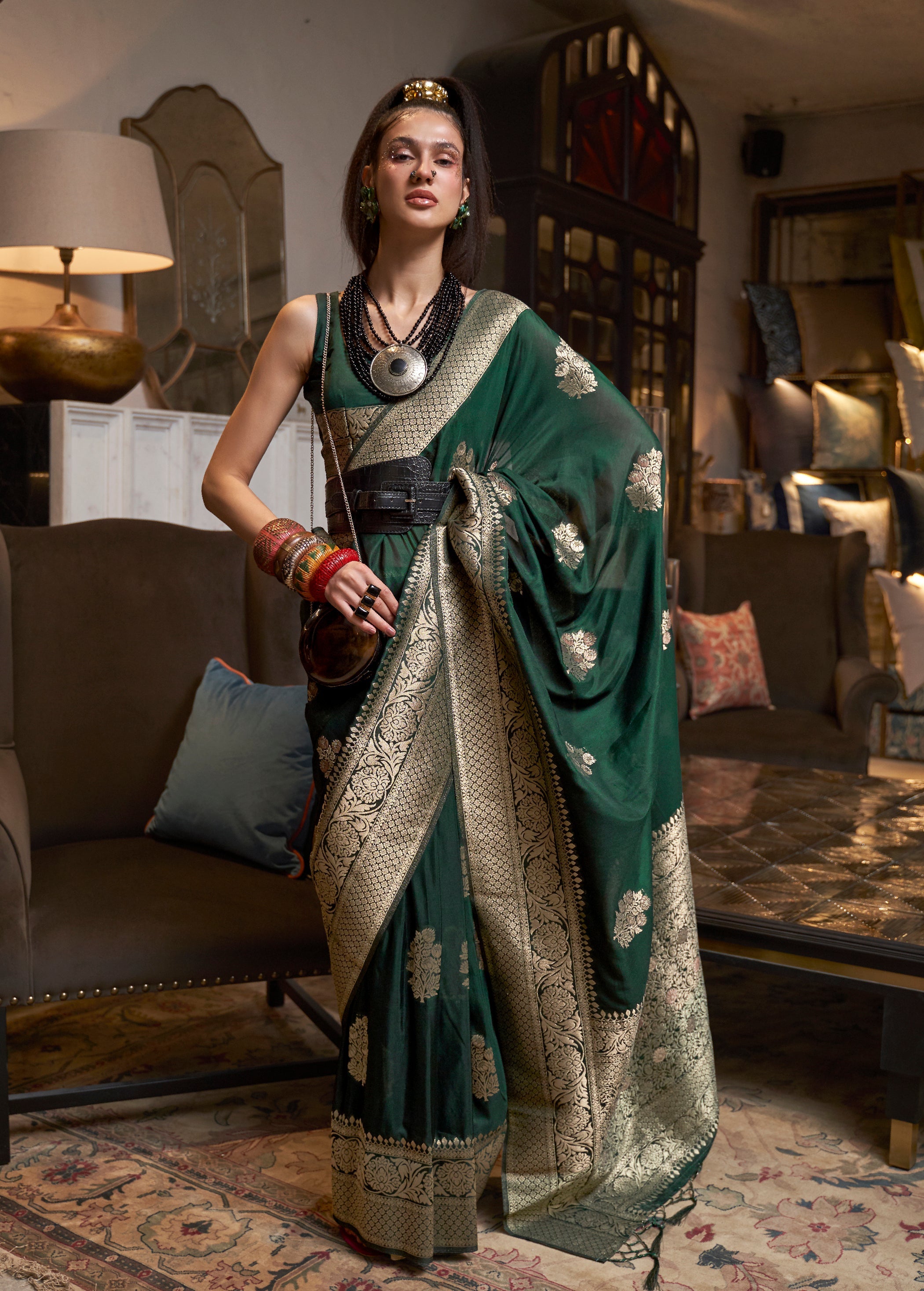 Monjolika Fashion Dark Green Color Handloom Khadi Georgette Tradtional Saree