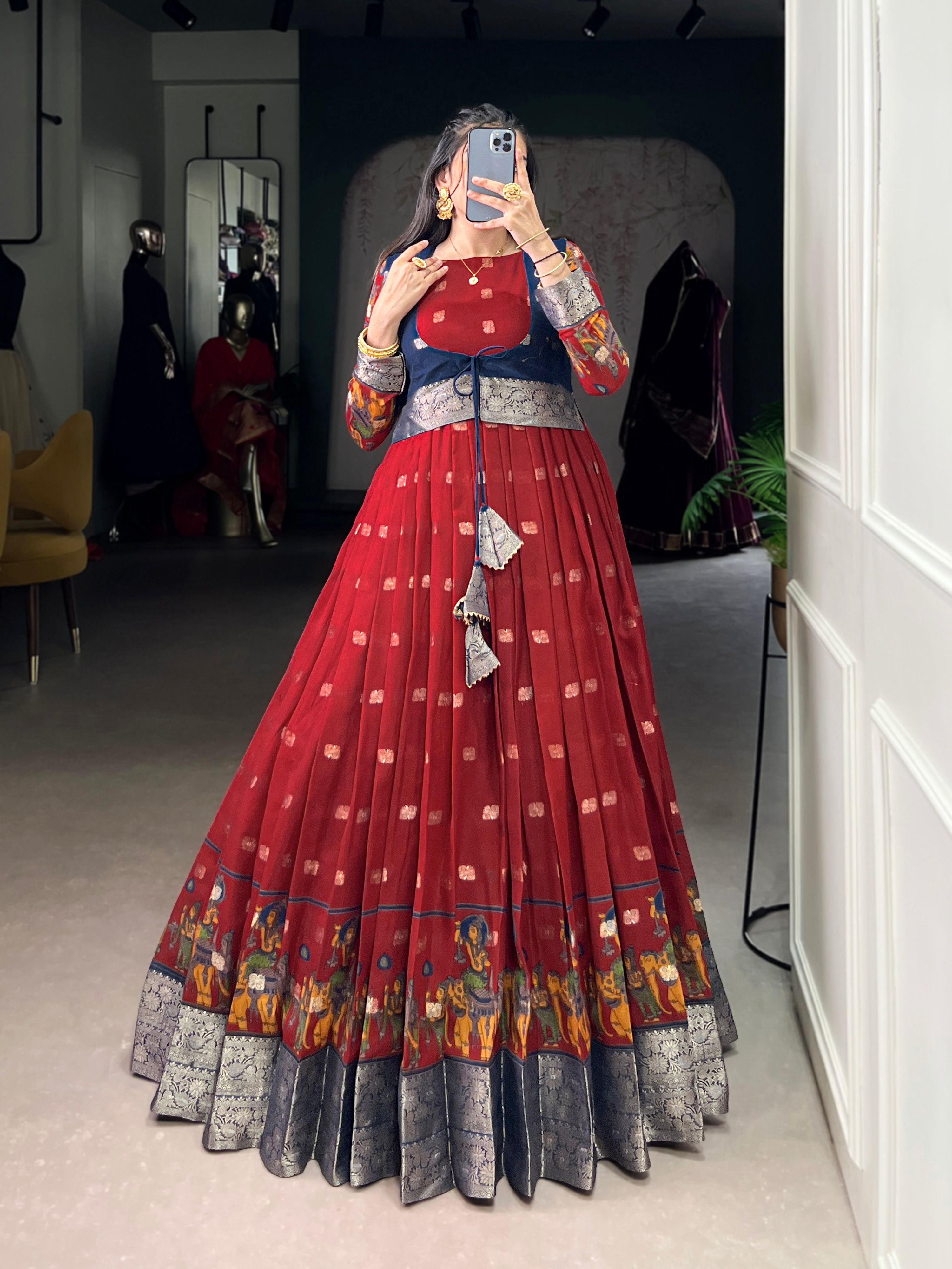 Lorenvalley Fashion Maroon Poly Cotton Kalamkari Print With Zari Weaving Work Border Gown with Koti