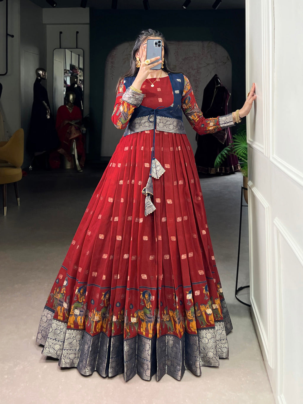 Lorenvalley Fashion Maroon Poly Cotton Kalamkari Print With Zari Weaving Work Border Gown with Koti
