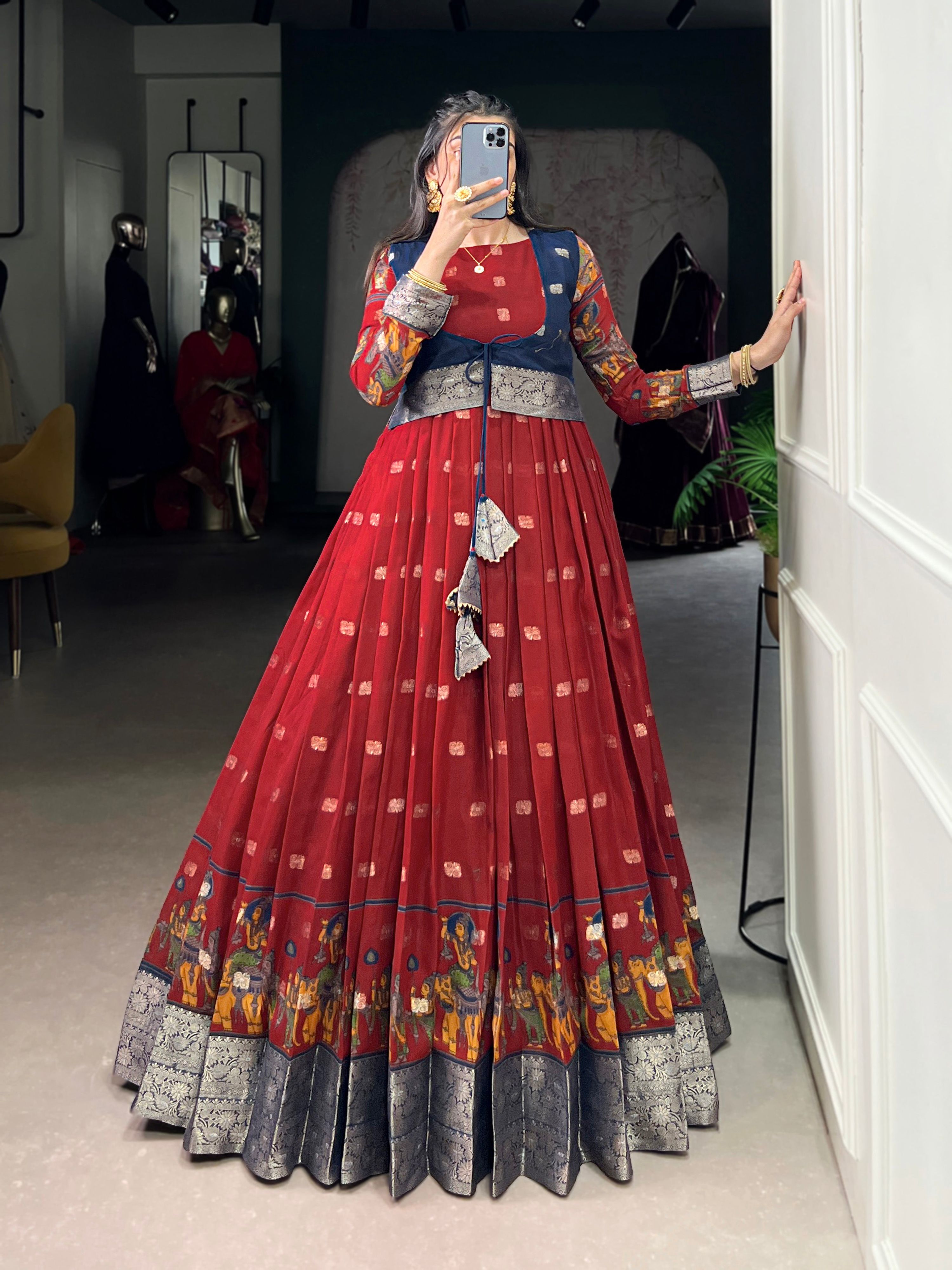 Lorenvalley Fashion Maroon Poly Cotton Kalamkari Print With Zari Weaving Work Border Gown with Koti