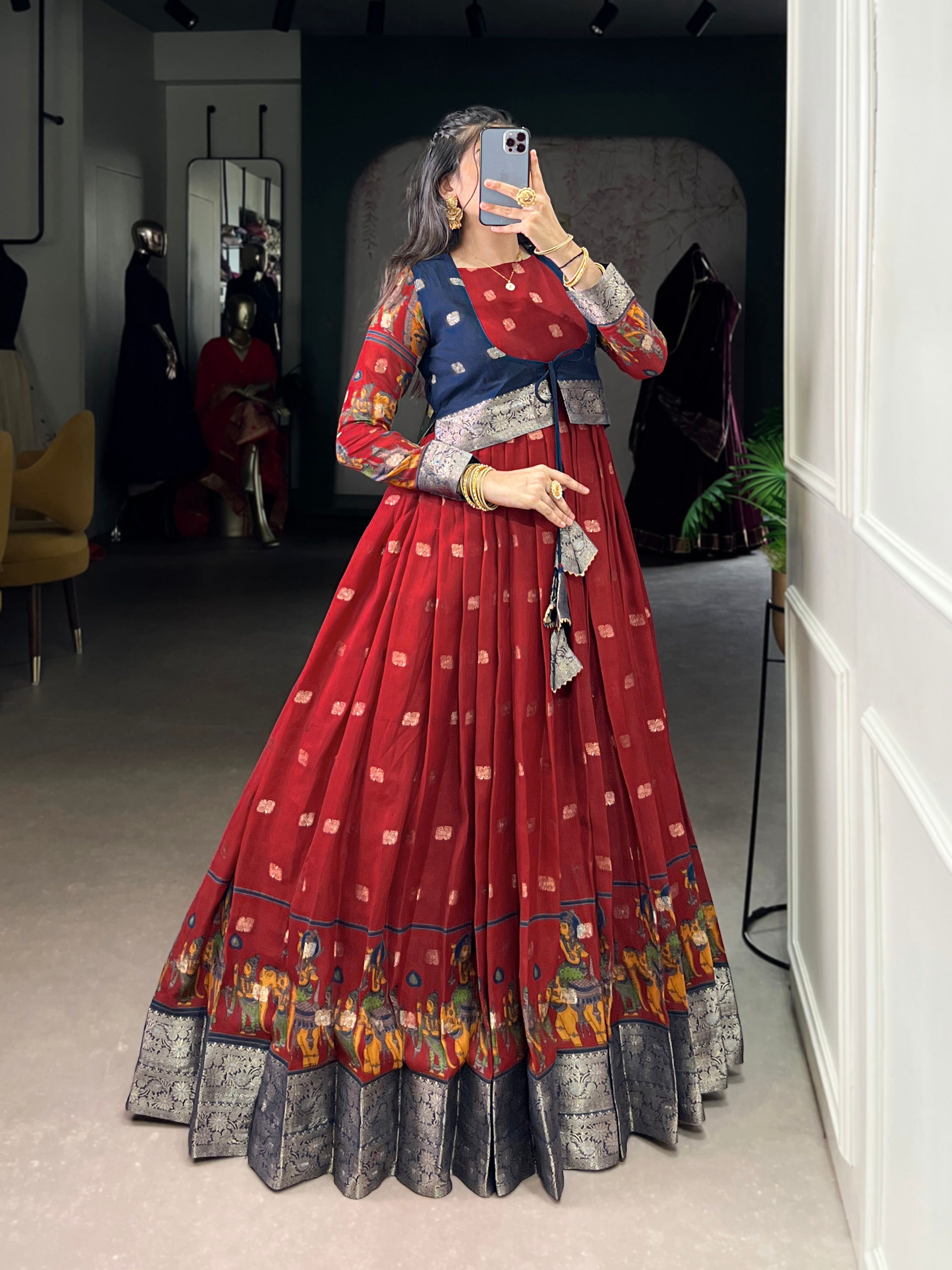 Lorenvalley Fashion Maroon Poly Cotton Kalamkari Print With Zari Weaving Work Border Gown with Koti