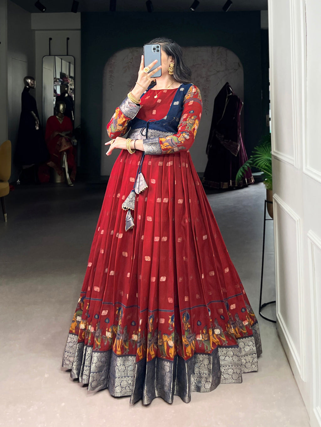 Lorenvalley Fashion Maroon Poly Cotton Kalamkari Print With Zari Weaving Work Border Gown with Koti