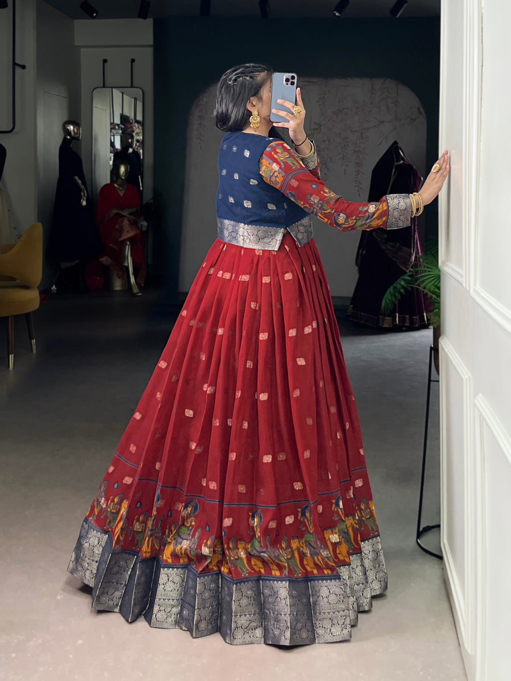 Lorenvalley Fashion Maroon Poly Cotton Kalamkari Print With Zari Weaving Work Border Gown with Koti