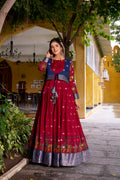 Lorenvalley Fashion Maroon Poly Cotton Kalamkari Print With Zari Weaving Work Border Gown with Koti