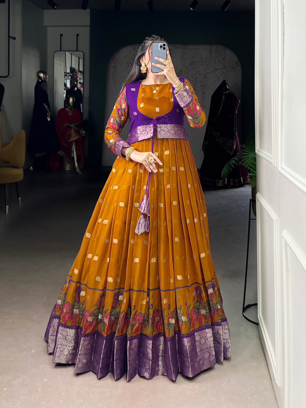 Lorenvalley Fashion Mustard Poly Cotton Kalamkari Print With Zari Weaving Work Border Gown with Koti