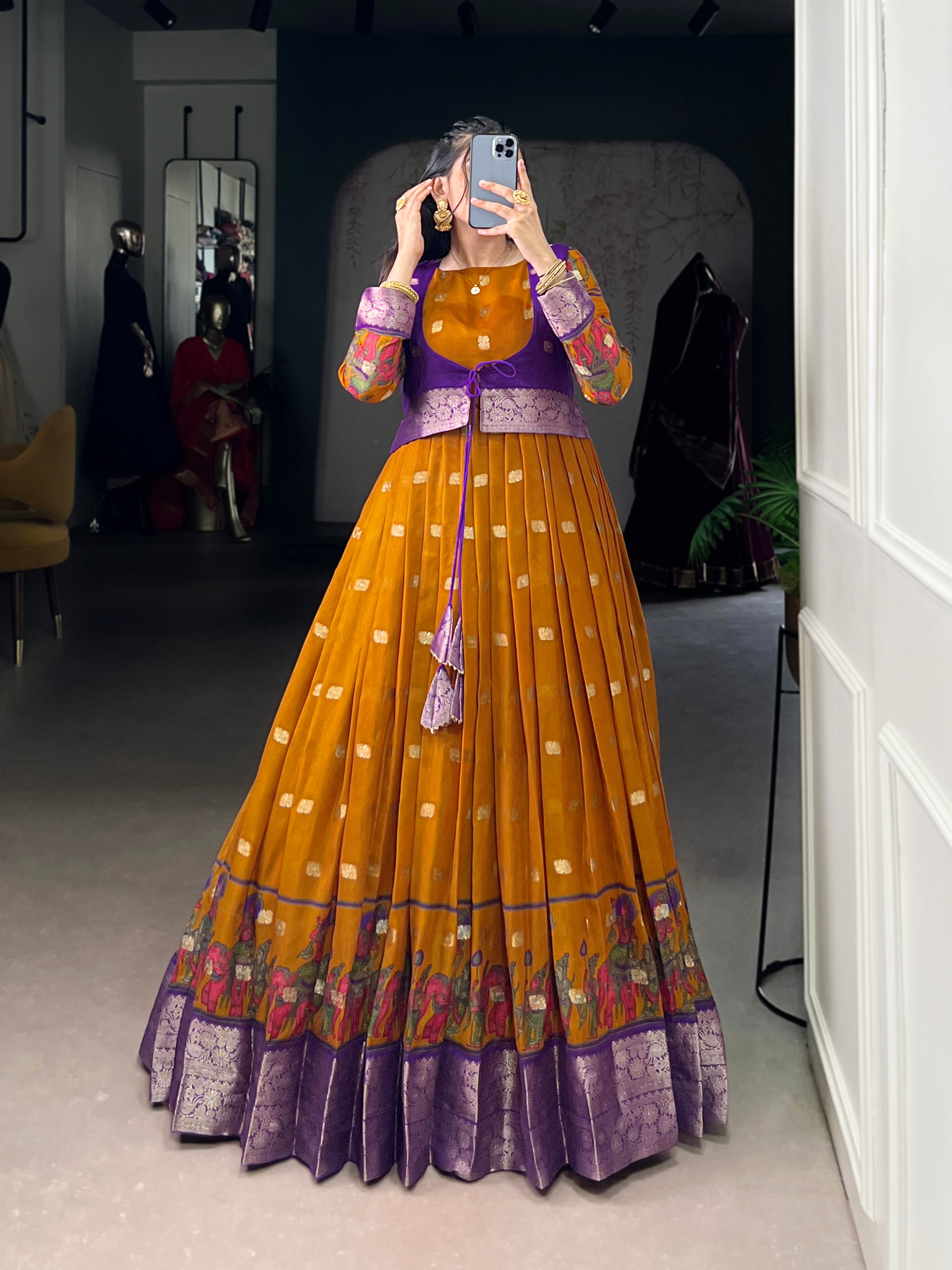 Lorenvalley Fashion Mustard Poly Cotton Kalamkari Print With Zari Weaving Work Border Gown with Koti