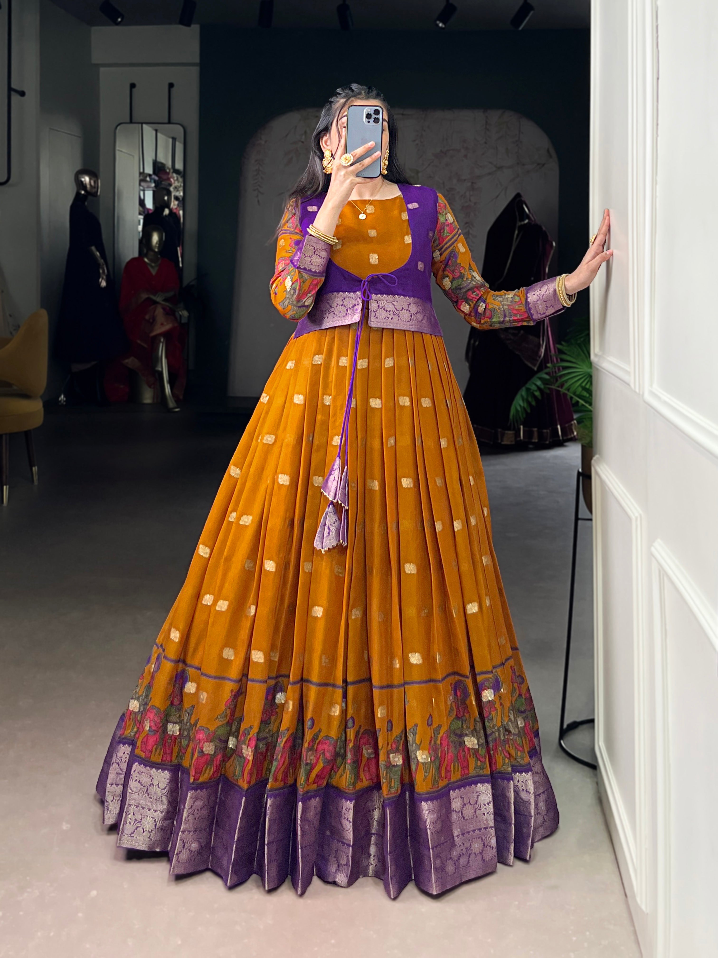 Lorenvalley Fashion Mustard Poly Cotton Kalamkari Print With Zari Weaving Work Border Gown with Koti