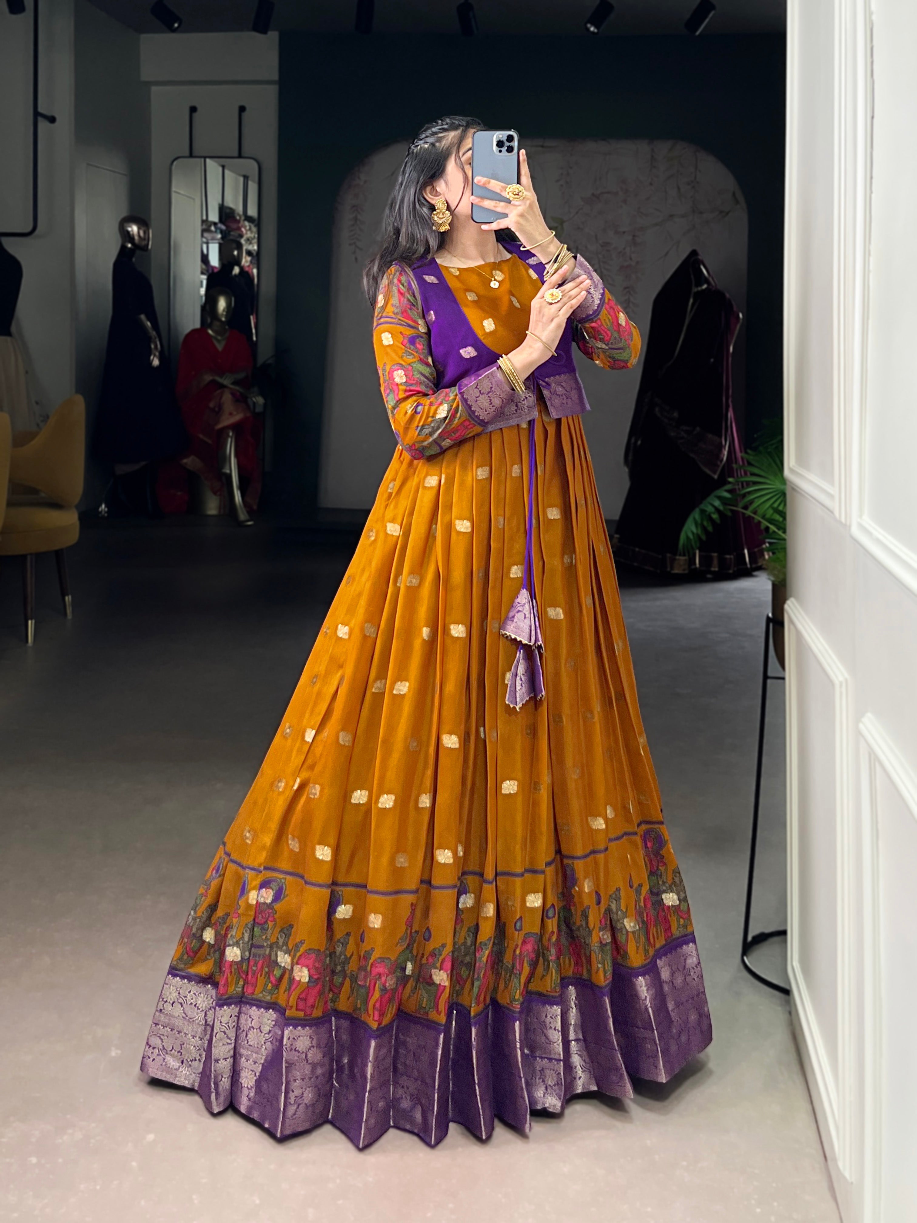 Lorenvalley Fashion Mustard Poly Cotton Kalamkari Print With Zari Weaving Work Border Gown with Koti