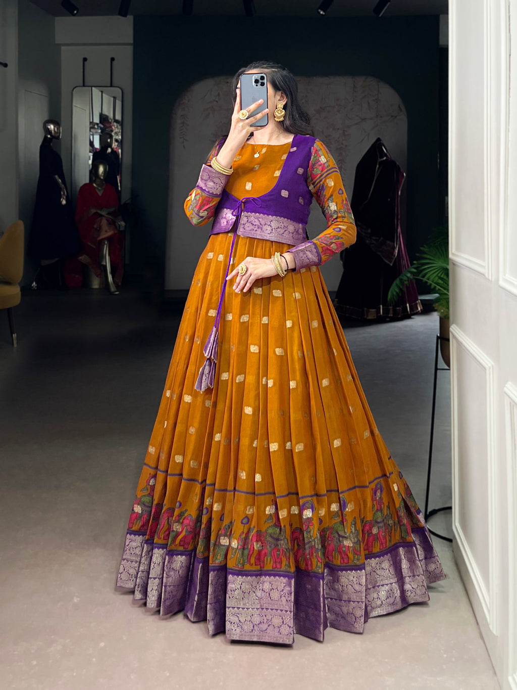 Lorenvalley Fashion Mustard Poly Cotton Kalamkari Print With Zari Weaving Work Border Gown with Koti