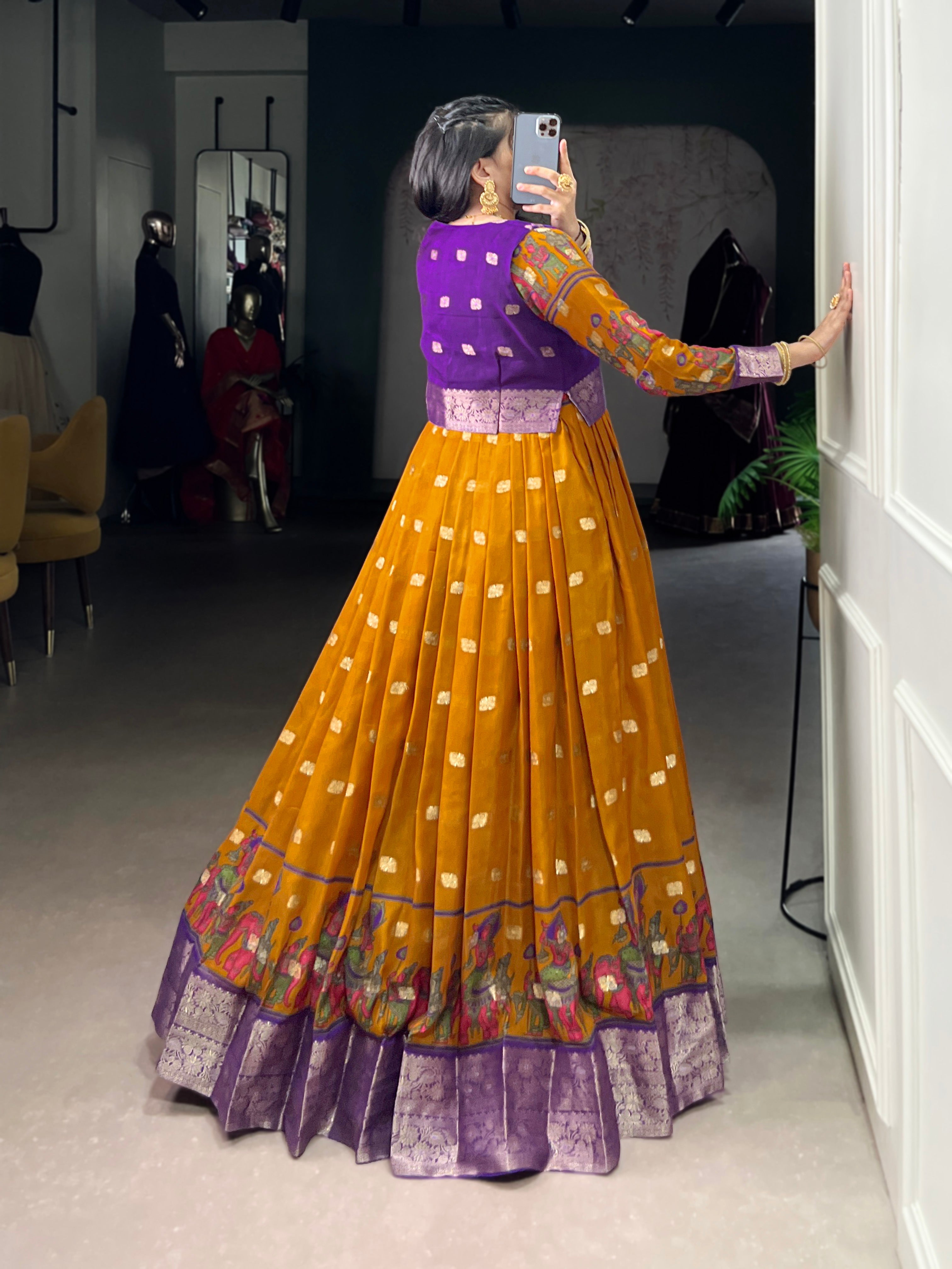 Lorenvalley Fashion Mustard Poly Cotton Kalamkari Print With Zari Weaving Work Border Gown with Koti