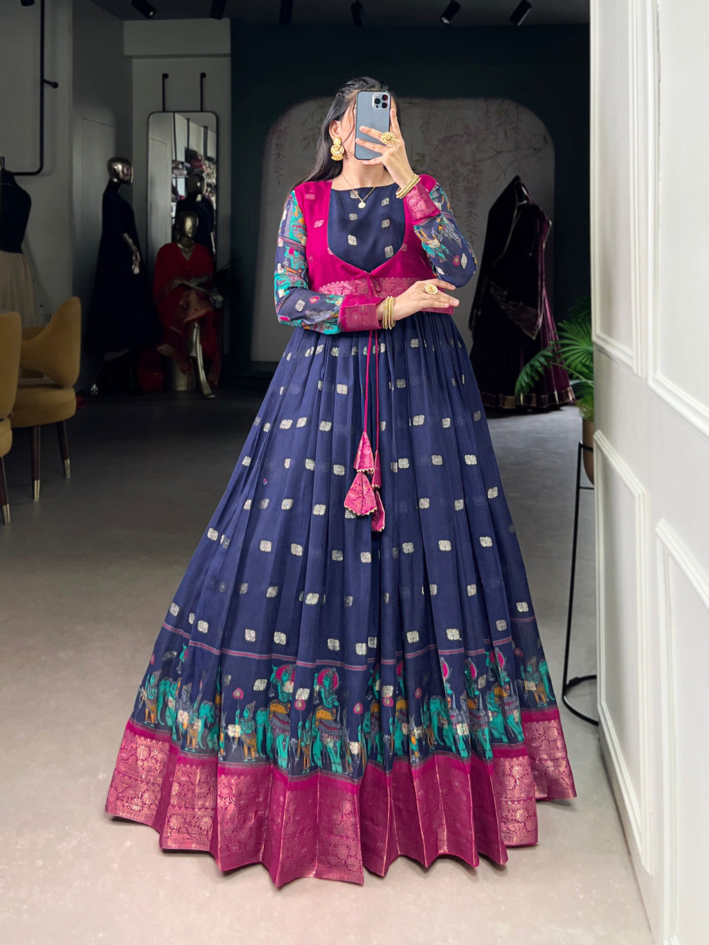 Lorenvalley Fashion Navy Blue Poly Cotton Kalamkari Print With Zari Weaving Work Border Gown with Koti