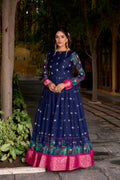 Lorenvalley Fashion Navyblue Poly Cotton Kalamkari Print With Zari Weaving Work Border Gown with Koti