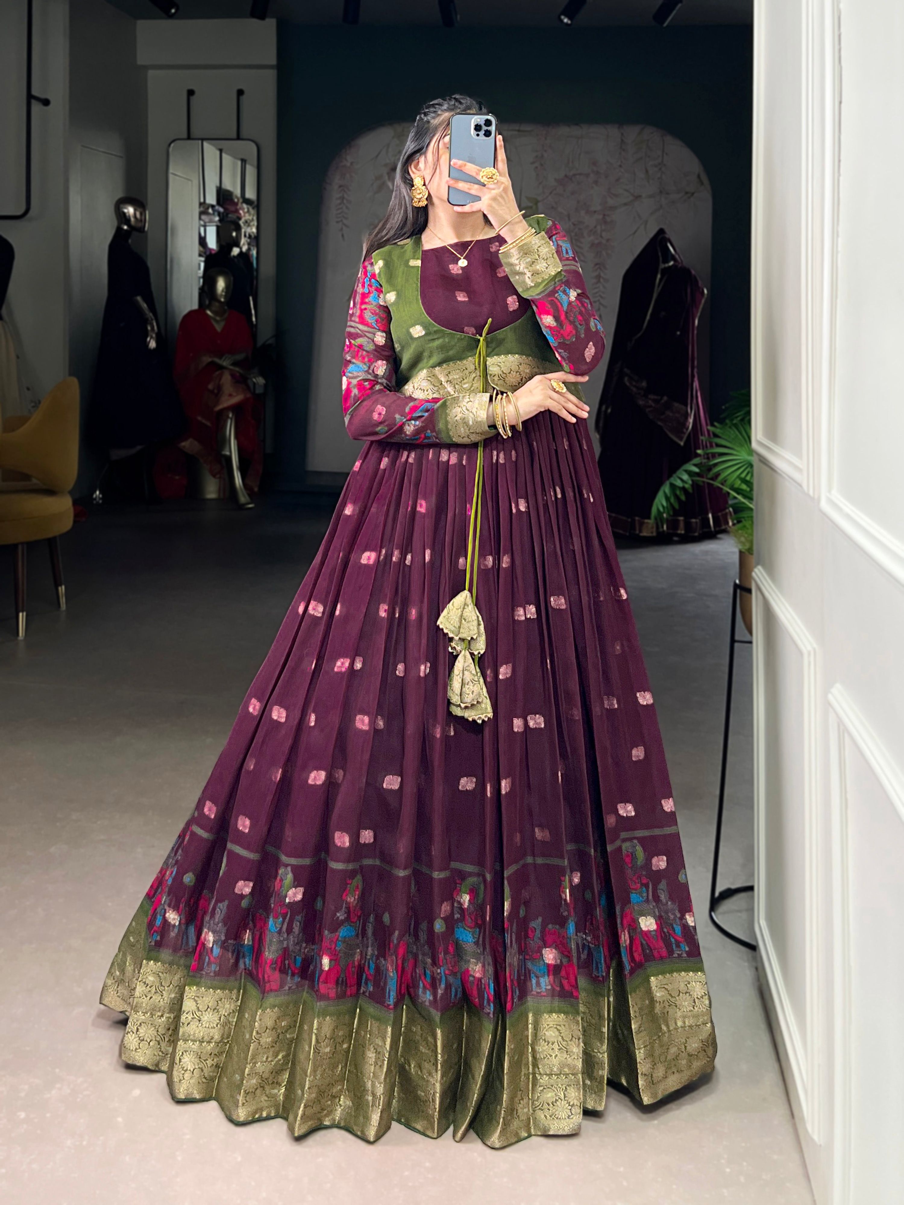 Lorenvalley Fashion Wine Poly Cotton Kalamkari Print With Zari Weaving Work Border Gown with Koti