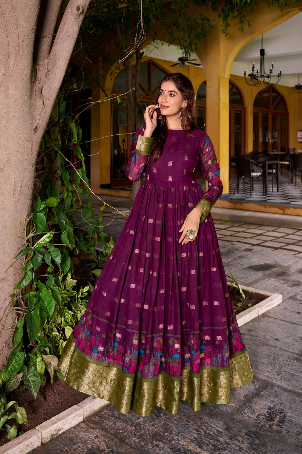 Lorenvalley Fashion Wine Poly Cotton Kalamkari Print With Zari Weaving Work Border Gown with Koti