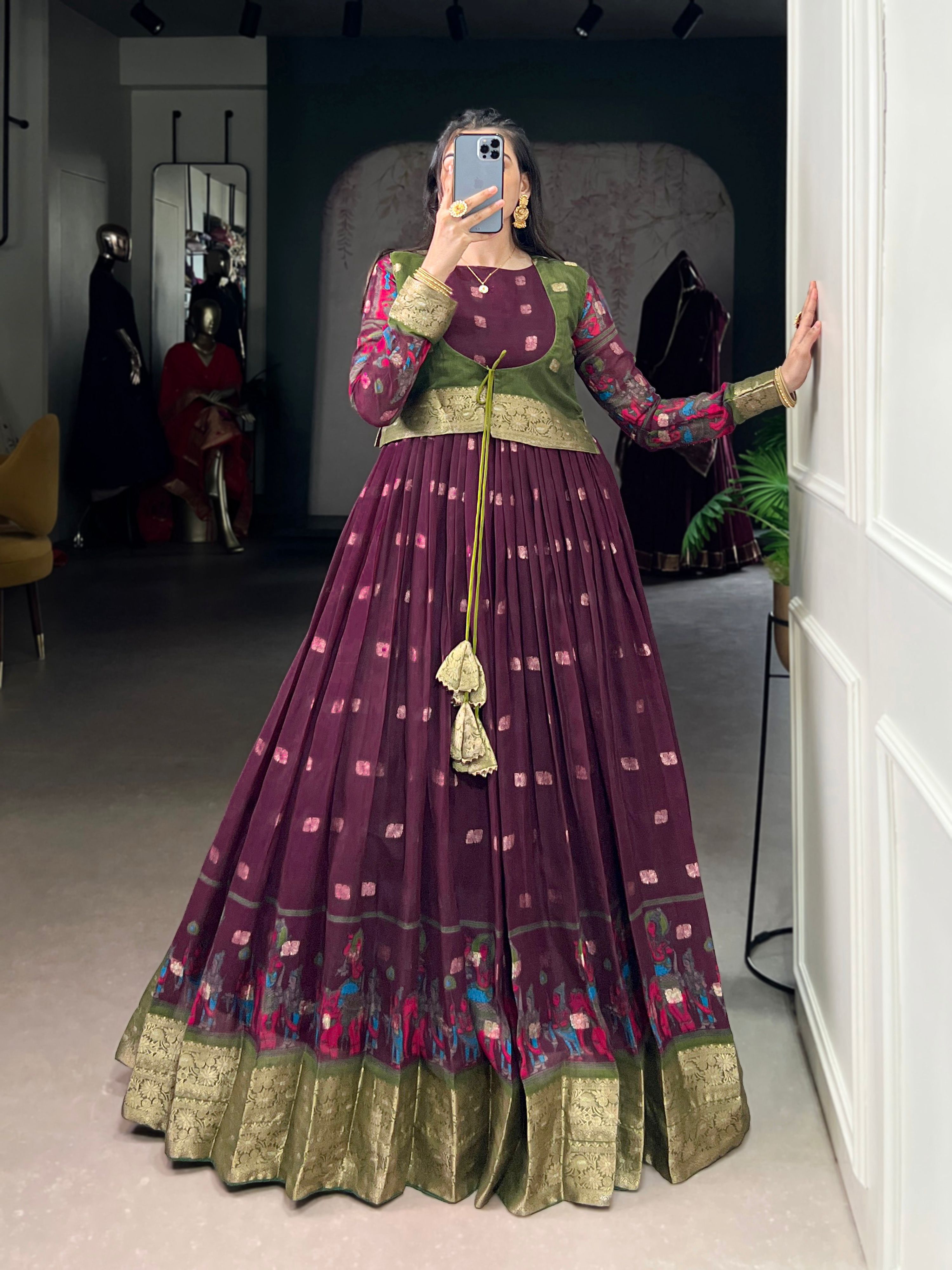 Lorenvalley Fashion Wine Poly Cotton Kalamkari Print With Zari Weaving Work Border Gown with Koti