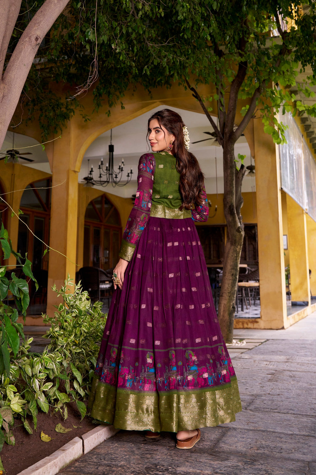 Lorenvalley Fashion Wine Poly Cotton Kalamkari Print With Zari Weaving Work Border Gown with Koti