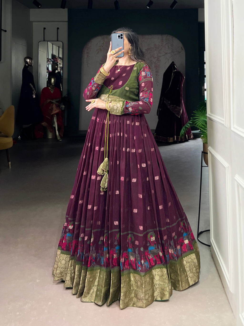 Lorenvalley Fashion Wine Poly Cotton Kalamkari Print With Zari Weaving Work Border Gown with Koti