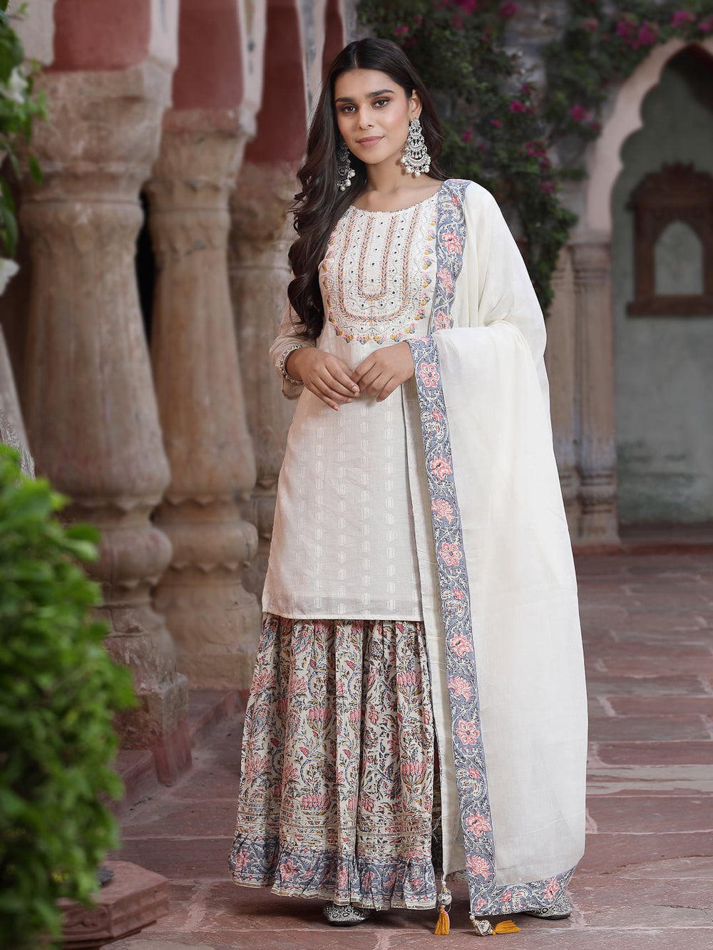 Juniper Women`s White Cotton Embroidered Straight Kurta Sharara Dupatta Set