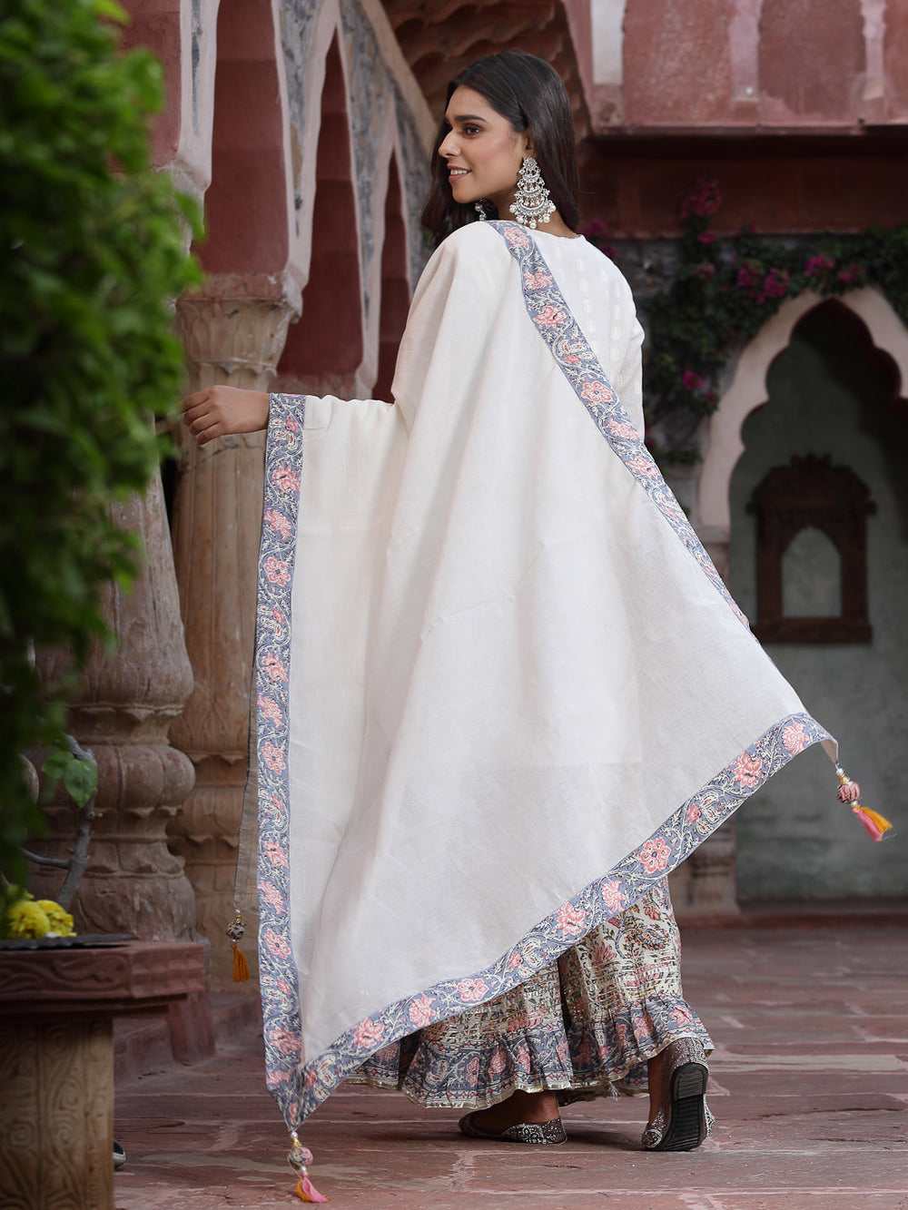 Juniper Women`s White Cotton Embroidered Straight Kurta Sharara Dupatta Set