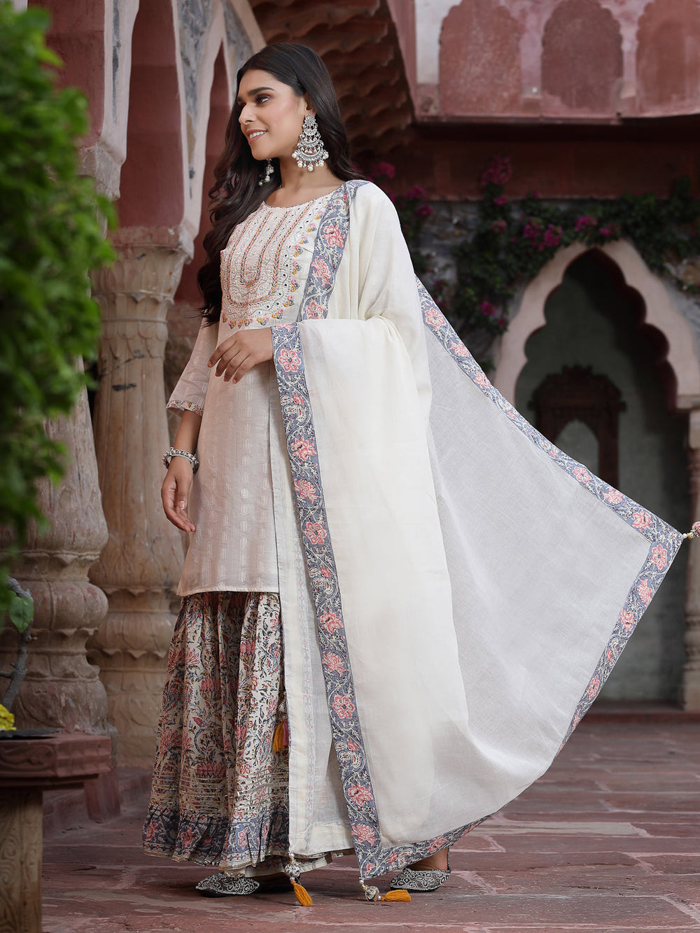 Juniper Women`s White Cotton Embroidered Straight Kurta Sharara Dupatta Set