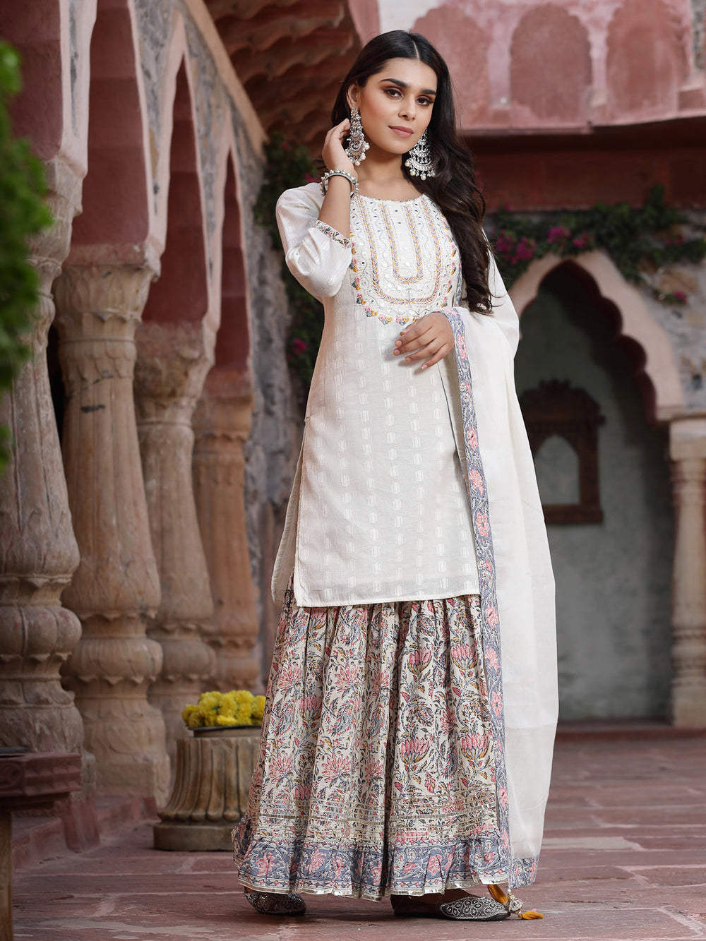 Juniper Women`s White Cotton Embroidered Straight Kurta Sharara Dupatta Set