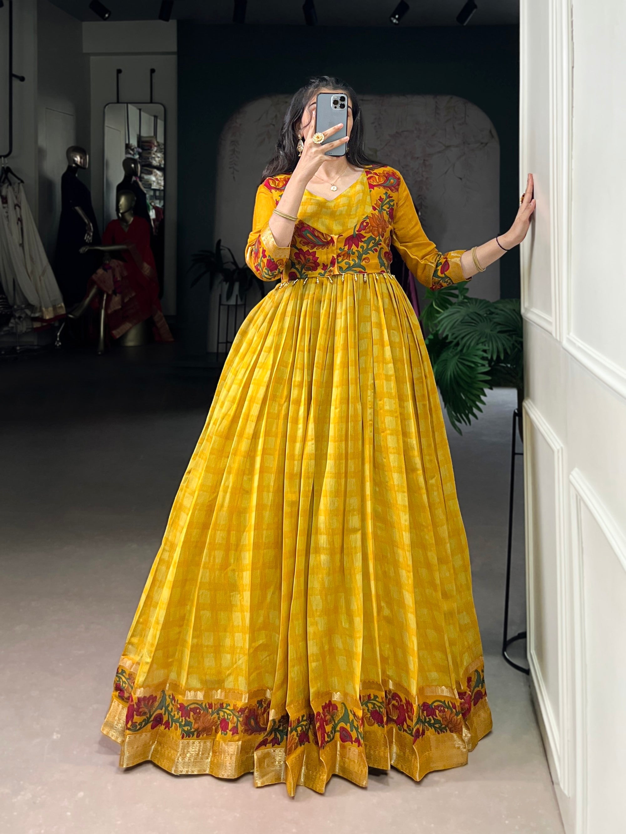 Lorenvalley Fashion Mustard Viscose Chanderi Printed With Zari Weaving Work Gown with Koti