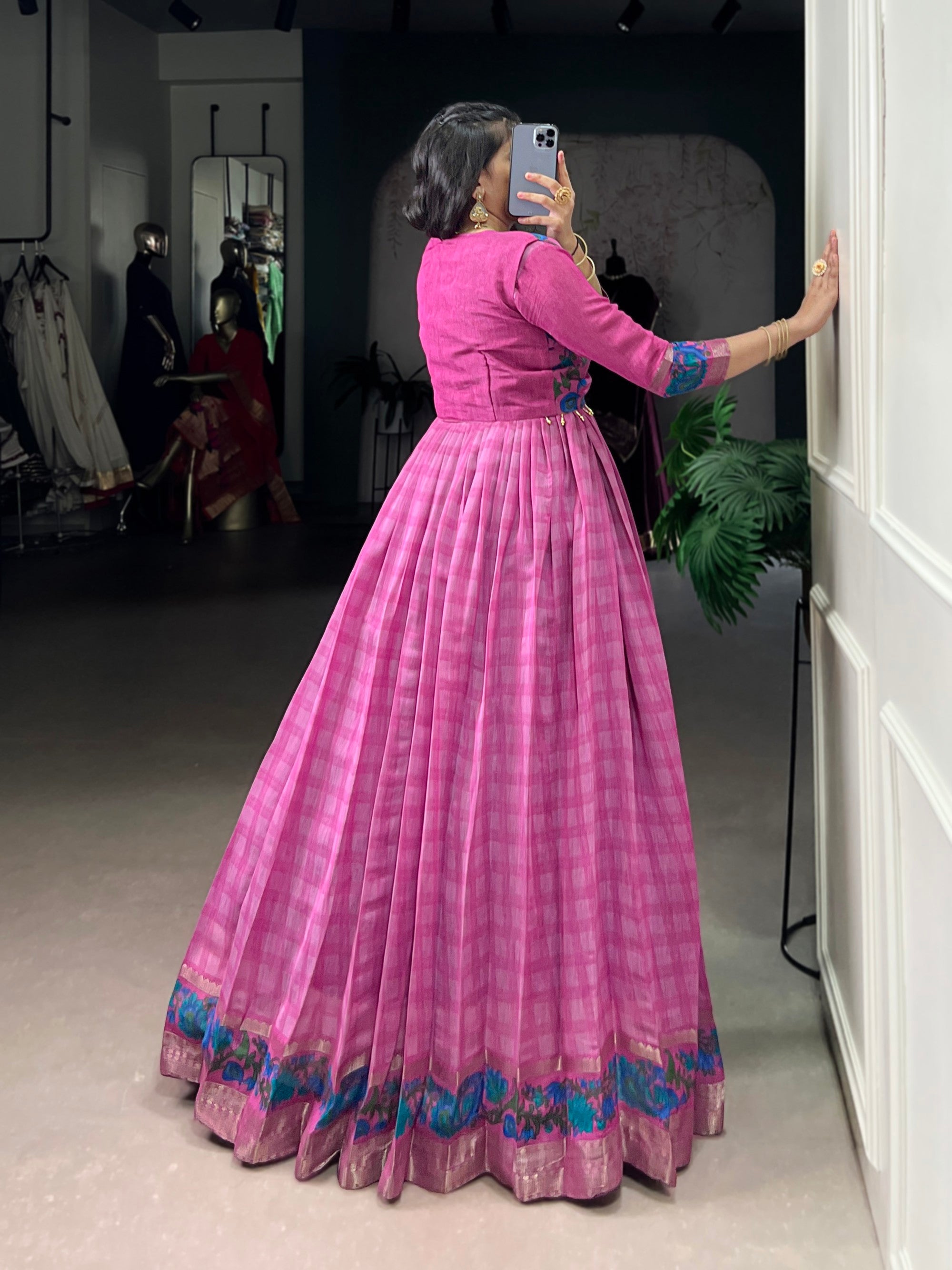 Lorenvalley Fashion Pink Viscose Chanderi Printed With Zari Weaving Work Gown with Koti