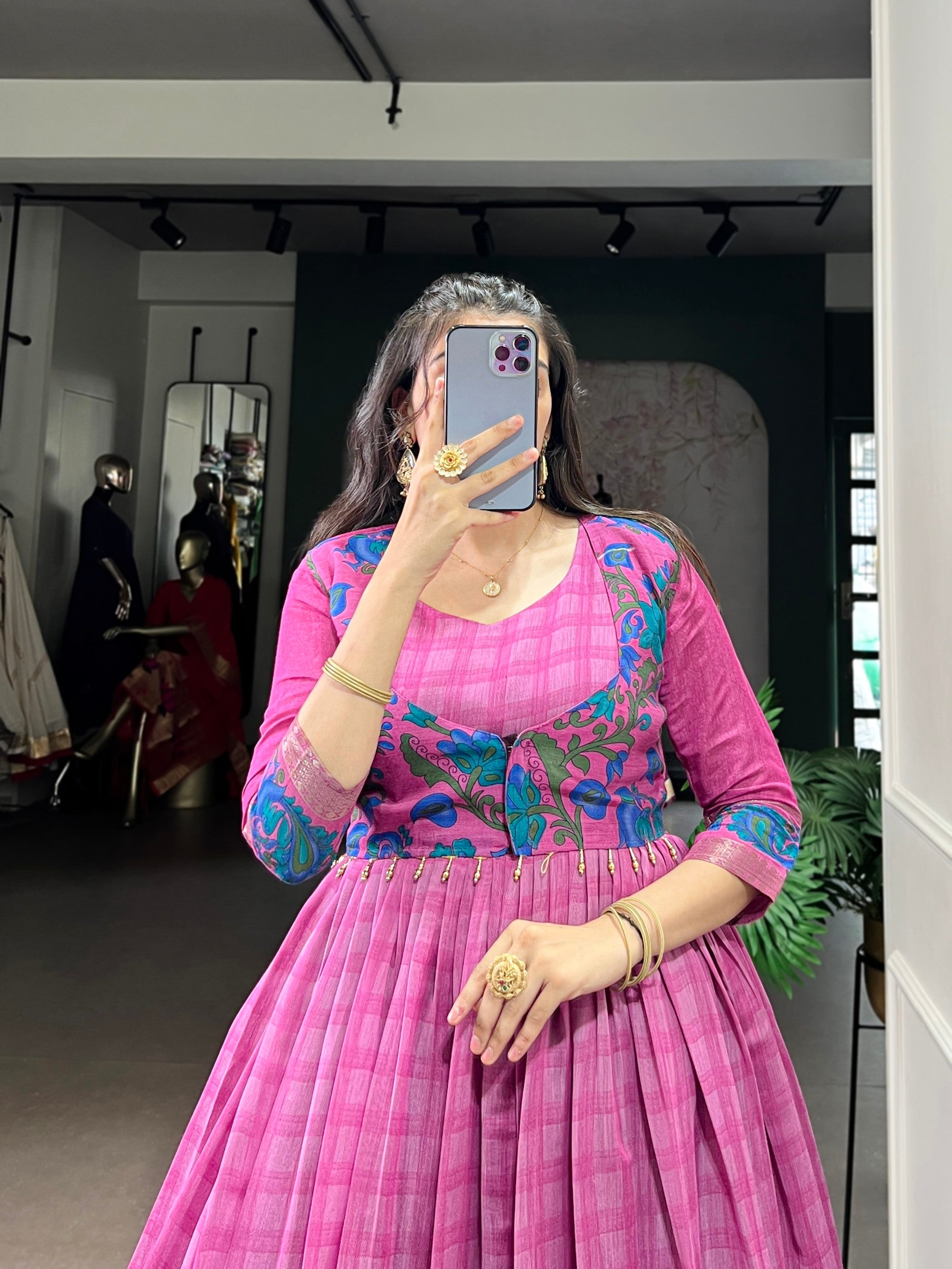 Lorenvalley Fashion Pink Viscose Chanderi Printed With Zari Weaving Work Gown with Koti