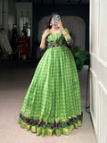 Lorenvalley Fashion Parotgreen Viscose Chanderi Printed With Zari Weaving Work Gown with Koti