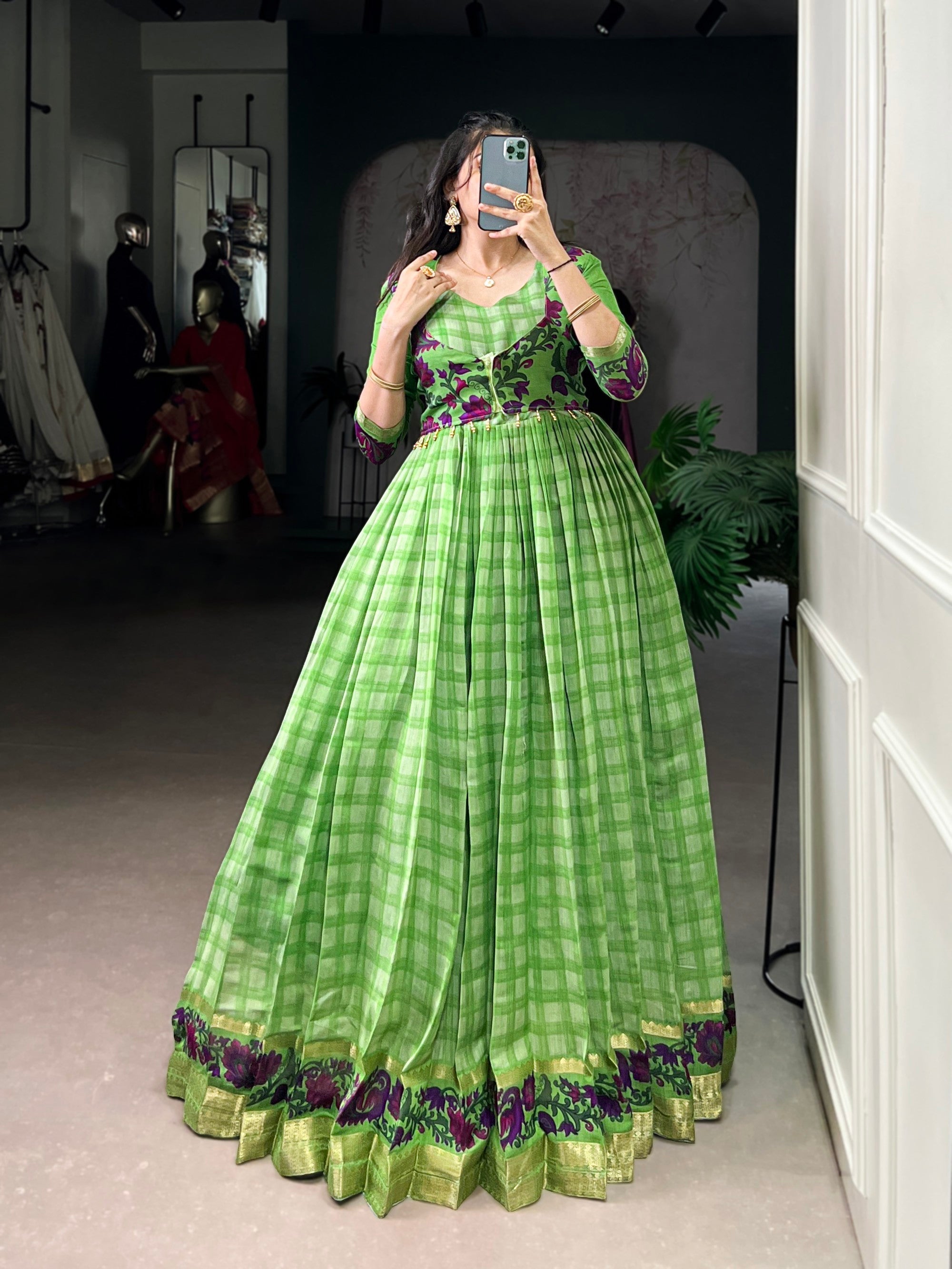 Lorenvalley Fashion Parotgreen Viscose Chanderi Printed With Zari Weaving Work Gown with Koti