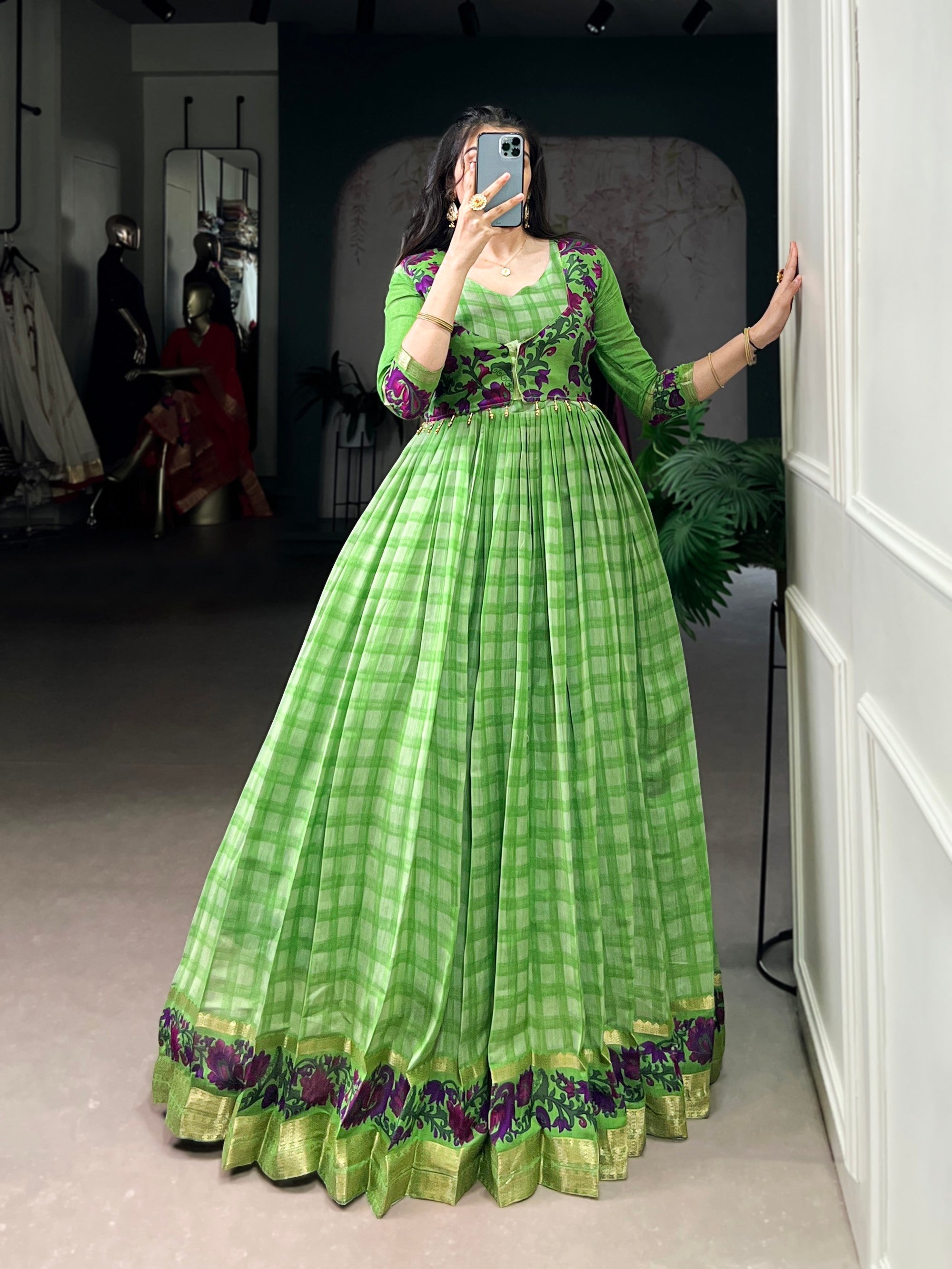 Lorenvalley Fashion Parotgreen Viscose Chanderi Printed With Zari Weaving Work Gown with Koti