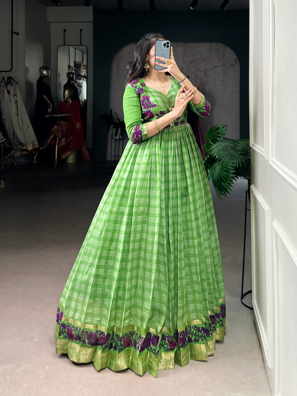 Lorenvalley Fashion Parotgreen Viscose Chanderi Printed With Zari Weaving Work Gown with Koti