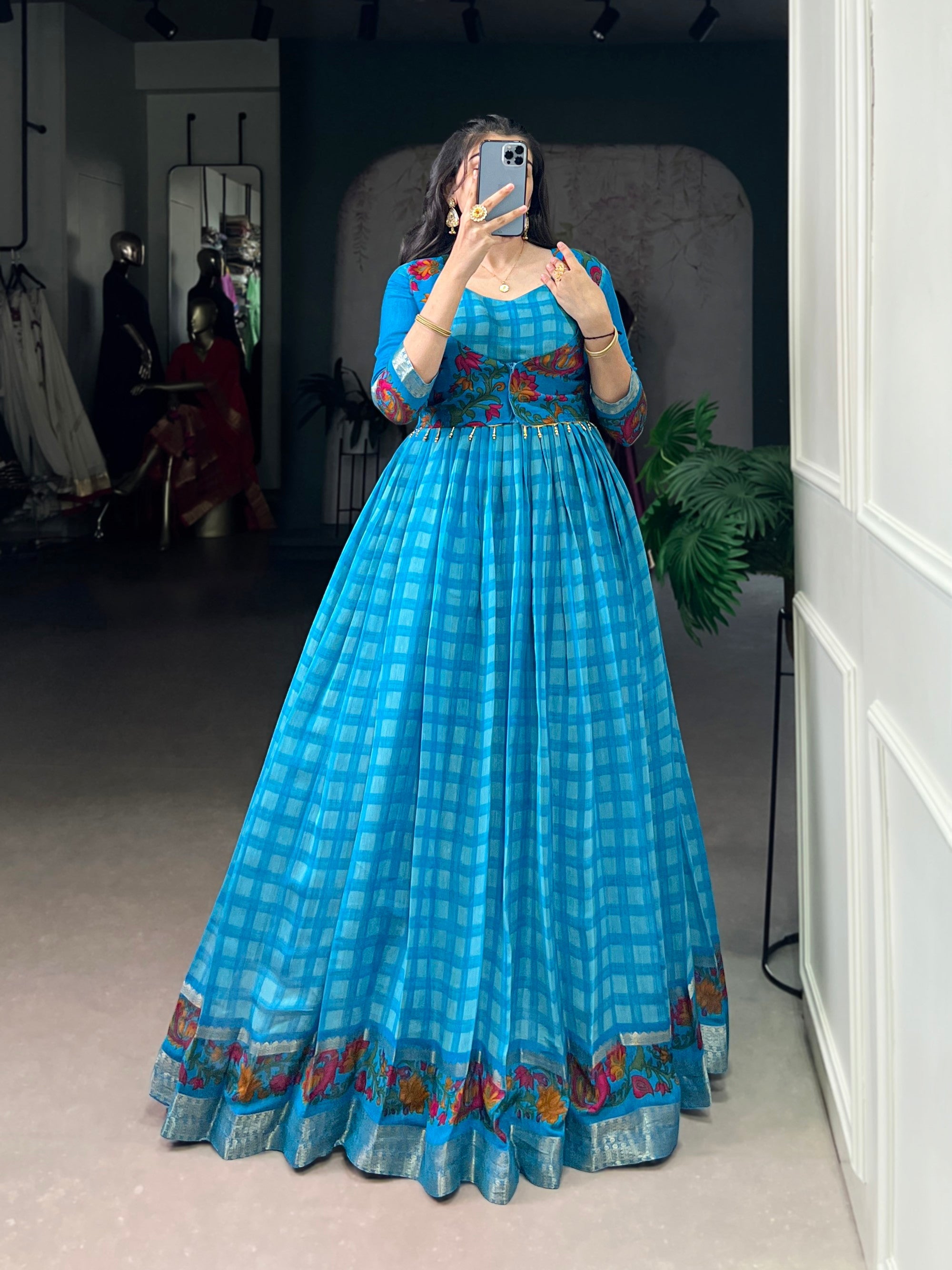 Lorenvalley Fashion Skyblue Viscose Chanderi Printed With Zari Weaving Work Gown with Koti