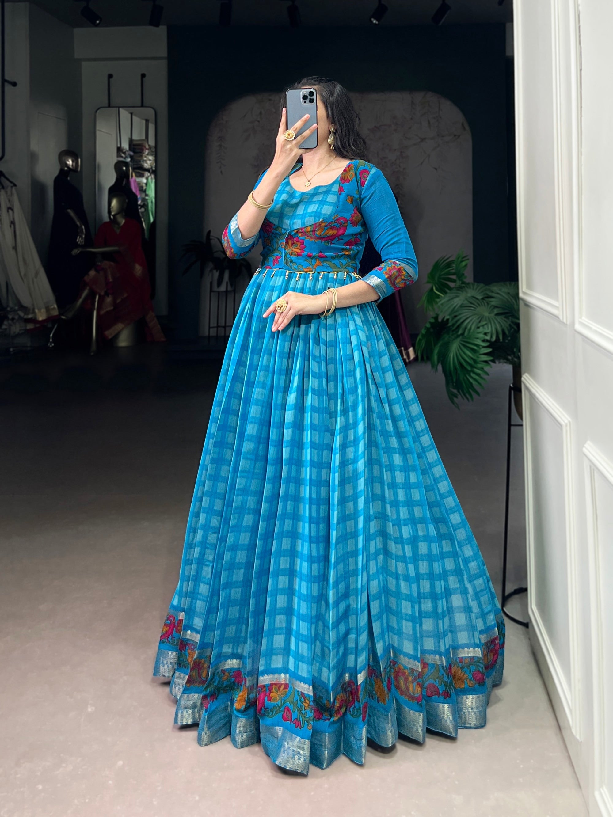Lorenvalley Fashion Skyblue Viscose Chanderi Printed With Zari Weaving Work Gown with Koti