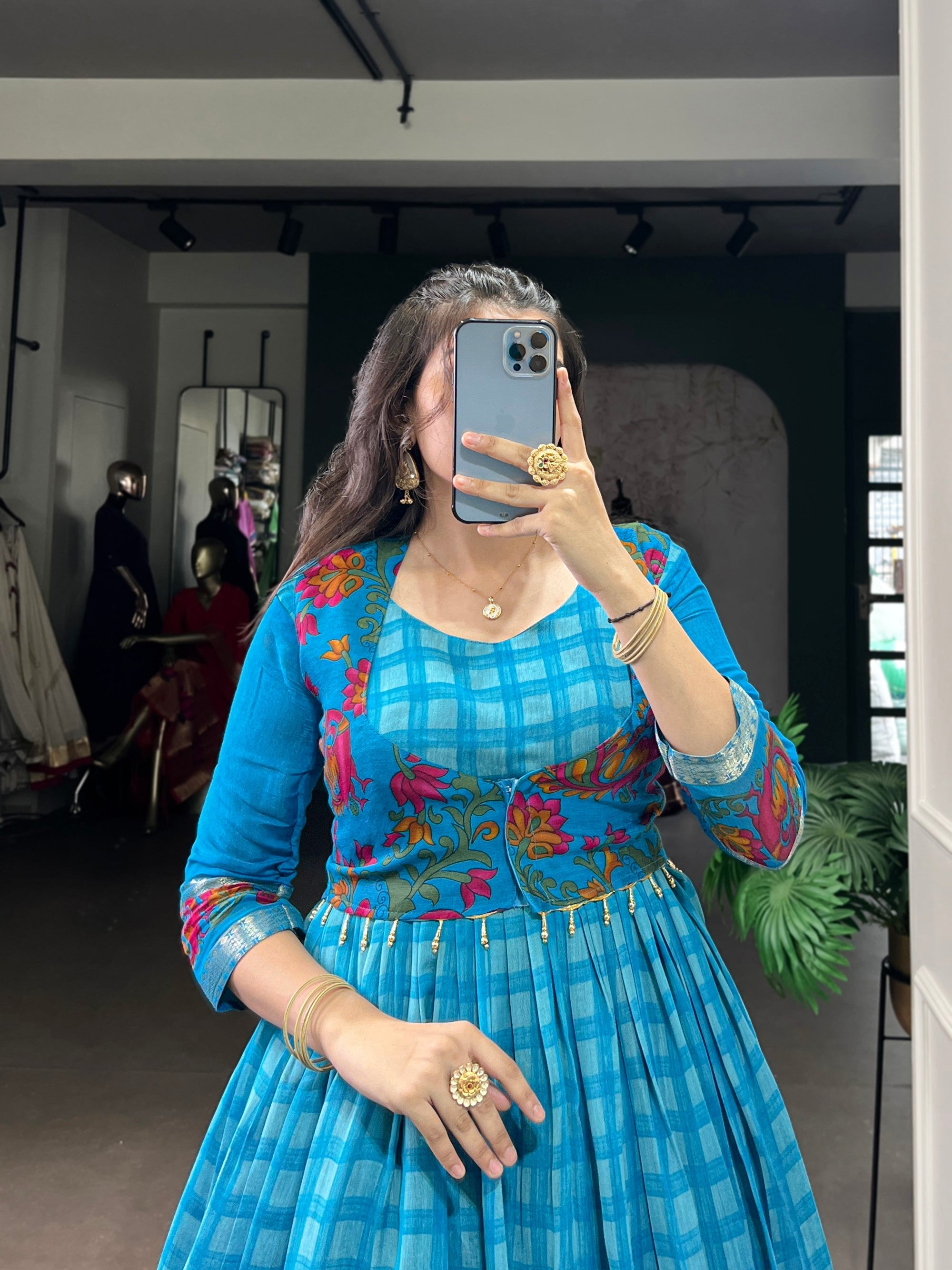 Lorenvalley Fashion Skyblue Viscose Chanderi Printed With Zari Weaving Work Gown with Koti