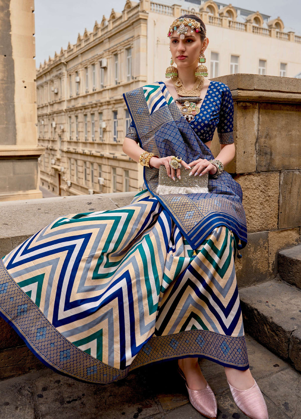 Monjolika Fashion Blue Color Weaving Border Silk Saree With Blouse