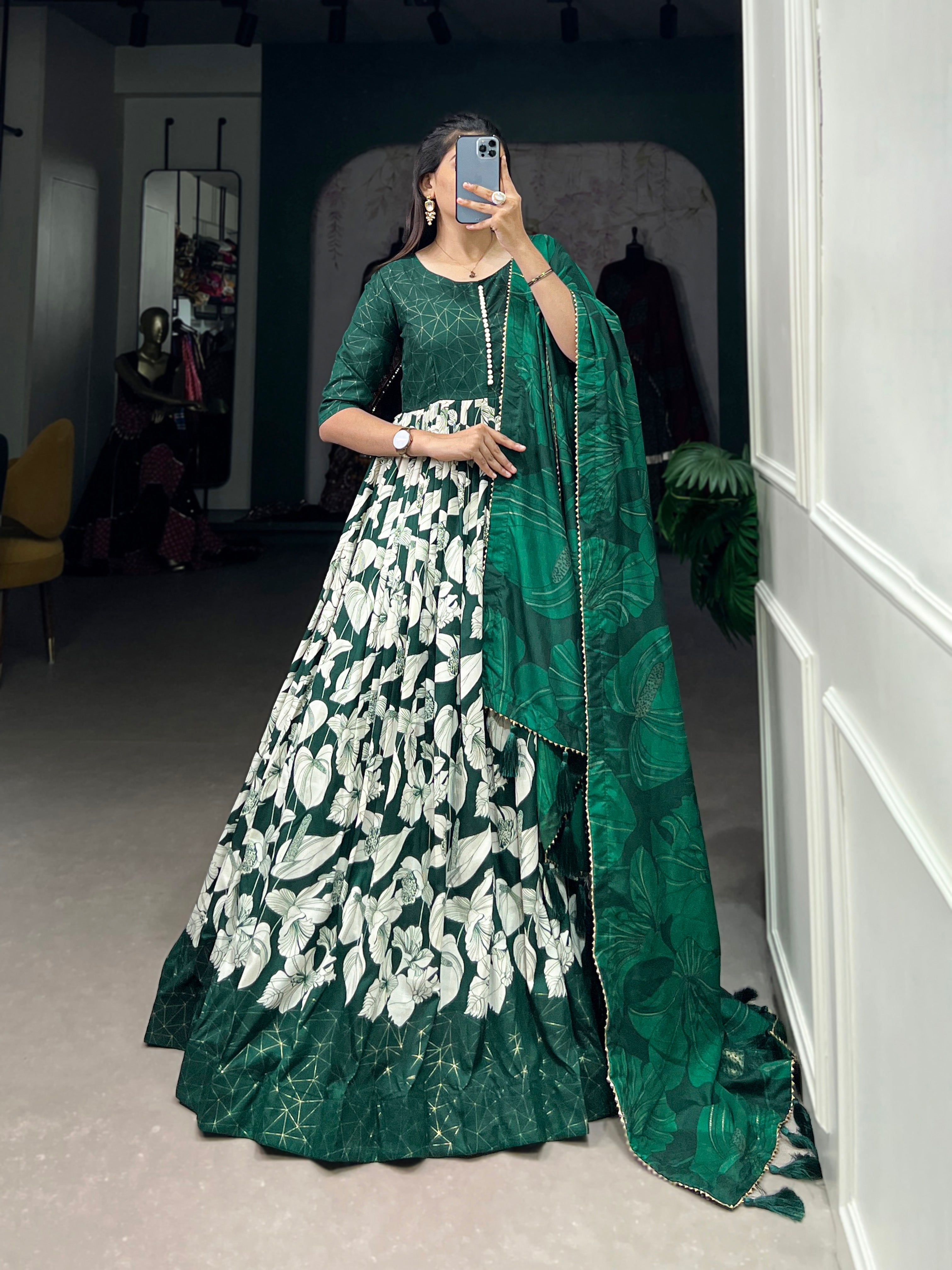 Lorenvalley Green Tussar Silk Floral Print With Foil Print Gown with Dupatta